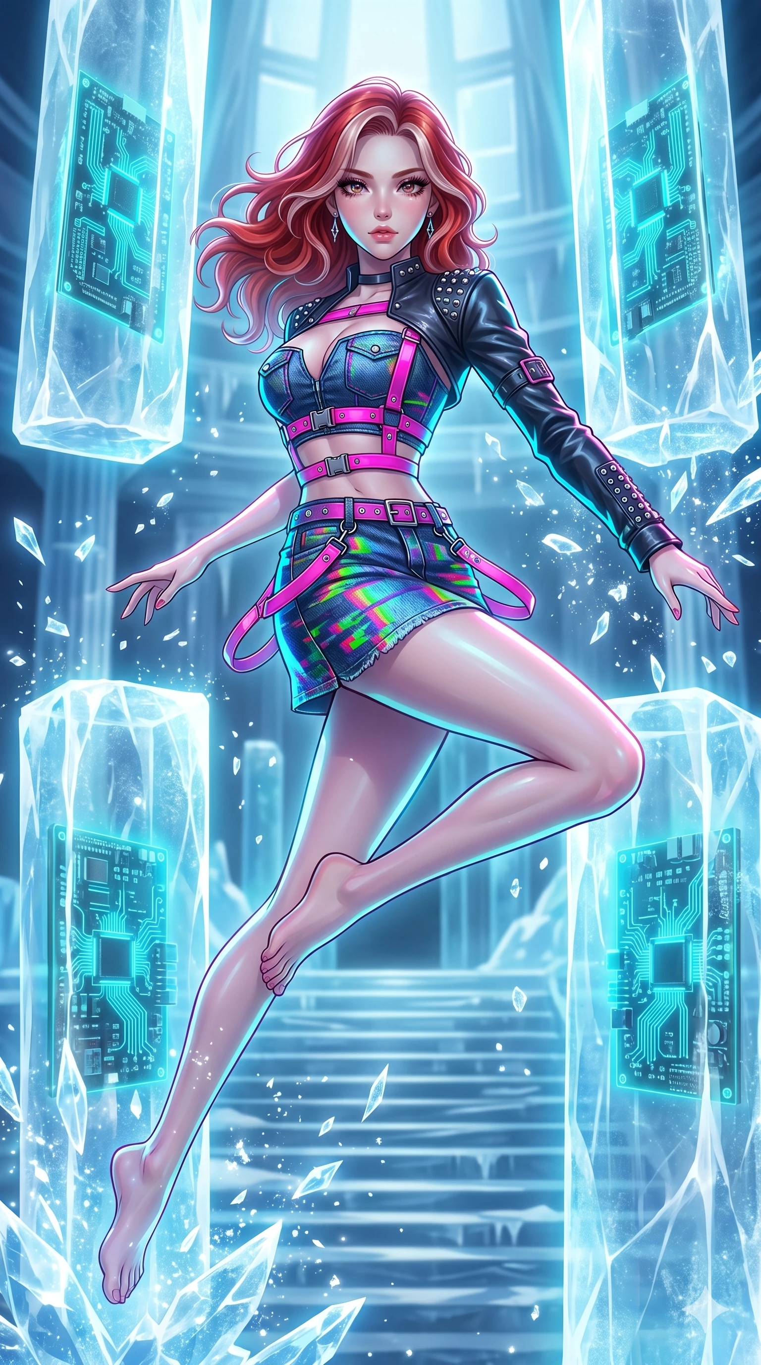 score_9, masterpiece, best quality, ultra-detailed, high-budget anime keyframe, Japanese woman. upper body close-up from the thighs up, character filling the screen for maximum presence. leaping inside a sub-zero cybernetic ice temple, where glowing neon cyan computer circuit boards are frozen within transparent ice pillars, fracturing ice crystals into sparkles around her. She has an absolutely perfect 8-heads proportion, an exceptionally tall and slender female figure with impossibly long slender legs and an ultra-slim waist. V-shaped jawline, high-bridge nose, intricate jewel-like eyes with depth, thick eyelashes, glossy lips with a natural sheen.. wearing a glitch denim and studded leather outfit, featuring an RGB glitch pattern denim micro-skirt, a single-sleeve cropped leather jacket, and neon pink harness straps. bathed in brilliant cinematic volumetric lighting and intense neon rim light highlighting her slender form. 2k, ultra detail, master piece, 9:16 ratio