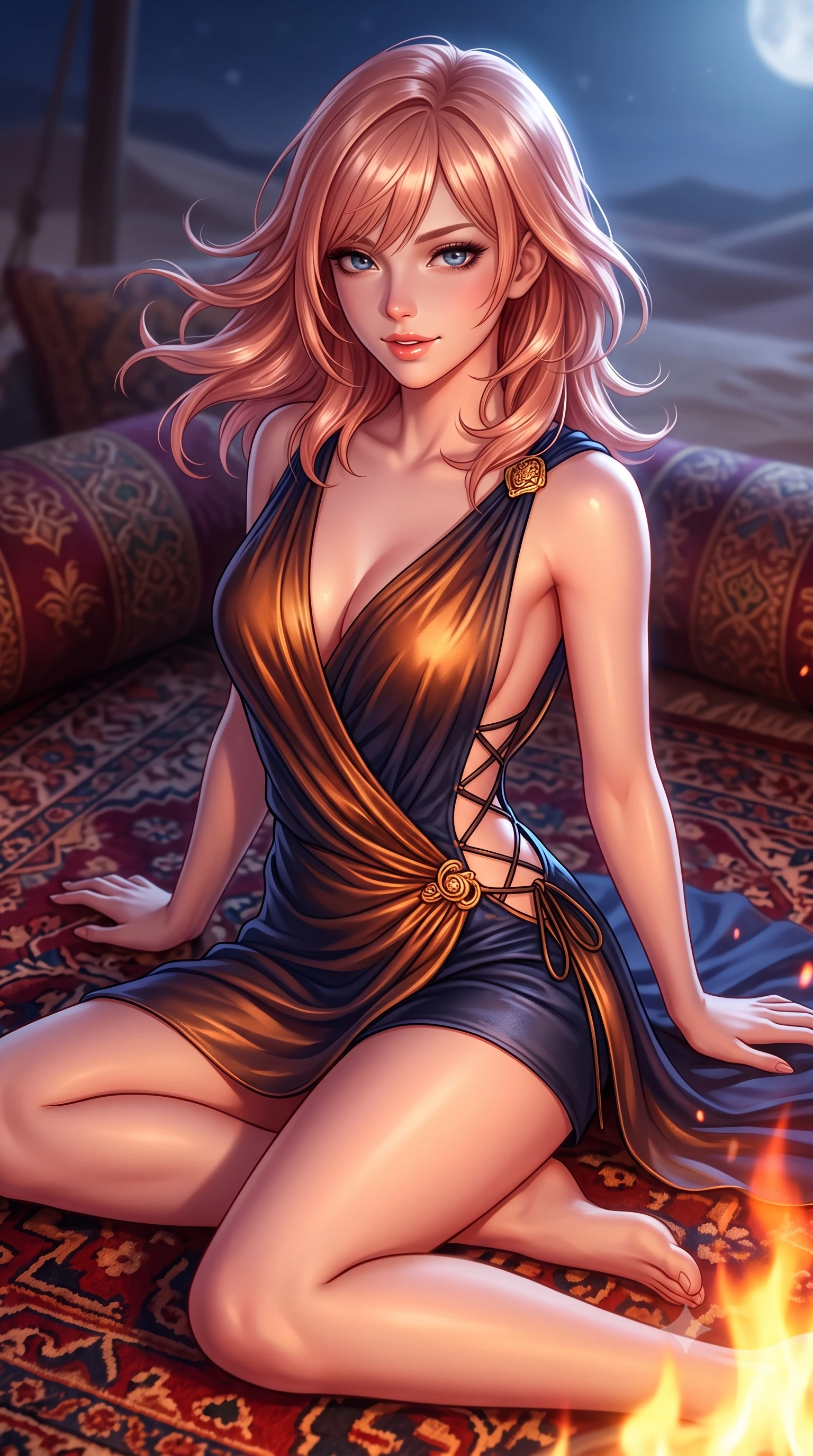 score_9, masterpiece, best quality, ultra-detailed, high-budget anime keyframe, semi-realistic 3D game render, editorial fashion photography, tasteful artistic composition, Japanese woman. close-up cowboy shot from the waist and thighs up, the character dominates the composition, filling the frame with her large presence. turning slowly with an enchanting smoldering smile, her glossy hair tossing in the breeze as her hips angle gracefully in a captivating contrapposto while sitting cross-legged on the plush kilim rug leaning back on both hands, arching her chest with radiant siren confidence and parted glossy lips. The background shows a soft-focus embroidered velvet bolsters softened in romantic desert safari shallow focus. She has an exceptionally elegant, slender, and willowy female figure with an ultra-slim waist, flat toned midriff, narrow ribcage, and sculpted feminine hips creating an alluring, slim hourglass silhouette without bulk. sharp v-shaped jawline, high-bridge nose, sparkling eyes with hypnotic seductive depth, thick curled eyelashes, glossy parted lips with a natural dewy peach sheen, alluring bedroom-eyes with an enchanting coquettish smile, exuding magnetic siren charisma and sophisticated glamour, flawlessly proportioned anatomical accuracy, strict slender model proportions, natural body alignment, perfectly sculpted long slender limbs, ultra-slim waistline, clean dynamic posture without body distortion. wearing a draped Greek-goddess style silk chiffon mini toga dress with an open back and golden hip fibula in molten liquid bronze and deep sapphire navy, woven from buttery-soft stretch lambskin leather adhering to her body like a second skin, featuring fine criss-cross lace-up side ties revealing tantalizing glimpses of her hip curve, the precision-cut side openings and low-back scoop framing her graceful spine and the sensual sweep of her slim, toned hips. bathed in the intense warm amber and crimson flicker of open campfire flames mixed with pure silver moonlight. highly saturated vibrant anime colors, detailed shading with soft gradients, rich glossy textures, high-contrast stereoscopic depth, volumetric dynamic lighting, master piece, 9:16 ratio
