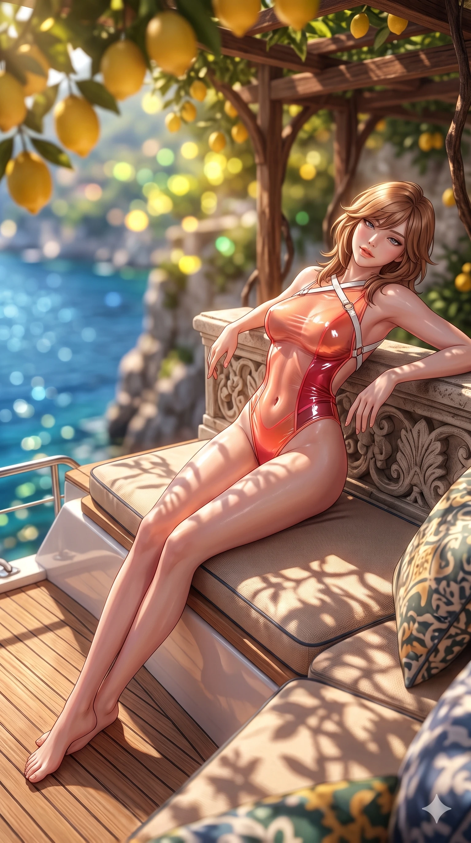 score_9, masterpiece, best quality, ultra-detailed, high-budget anime keyframe, semi-realistic 3D game render, editorial fashion photography, tasteful artistic composition, Korean woman. low angle full-body shot from head to toe showing her feet, filling the entire 9:16 vertical frame with her statuesque presence, stretching her vertical silhouette. reclining gracefully across the yacht teak sunpad with one leg extended, her sculpted silhouette and flat midriff radiating magnetic nocturnal glamour while leaning back against the carved stone balustrade with relaxed seductive grace, head tilted back slightly while casting a hypnotic, heavy-lidded gaze. The background shows a soft-focus hanging yellow Amalfi lemons, rustic chestnut pergolas, and the glittering Gulf of Salerno hundreds of feet below blurred into lemon, leaf-green, and sapphire bokeh. She has an absolutely perfect, statuesque 8.5-heads proportion, an exceptionally tall and slender model-like female figure with impossibly long slender legs, an ultra-slim waist, a flat toned midriff, narrow delicate ribcage, and beautifully sculpted feminine hips creating a graceful, slim hourglass silhouette without any bulky heaviness. sharp v-shaped jawline, high-bridge nose, sparkling eyes with hypnotic seductive depth, thick curled eyelashes, glossy parted lips with a natural dewy peach sheen, alluring bedroom-eyes with an enchanting coquettish smile, exuding magnetic siren charisma and sophisticated glamour, flawlessly proportioned anatomical accuracy, strict slender model proportions, natural body alignment, perfectly sculpted long slender limbs, ultra-slim waistline, clean dynamic posture without body distortion. wearing a delicate semi-translucent wet-look mesh bodysuit clinging sheerly to her sculpted torso and hip curves in blazing sunset peach and deep coral crimson, crafted from wet-look high-gloss vinyl fabric with dazzling specular surface reflections, featuring an open-back criss-cross harness strap in white leather, the liquid-tight tailored fabric clinging flawlessly to her narrow waist and rounded feminine hips, emphasizing every millimeter of her sculpted slim hourglass curves without any bulky heaviness. bathed in warm 2900K afternoon sunbeams filtering through dense green lemon foliage creating intricate organic shadow patterns. highly saturated vibrant anime colors, detailed shading with soft gradients, rich glossy textures, high-contrast stereoscopic depth, volumetric dynamic lighting, master piece, 9:16 ratio