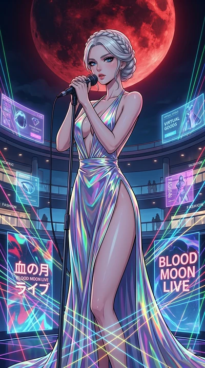 score_9, masterpiece, best quality, ultra-detailed, high-budget anime movie keyframe, cinematic anime lighting, intricate line art, Japanese woman. Upper body filling screen focusing on her alluring features and slim-fit silhouette. singing on a lase