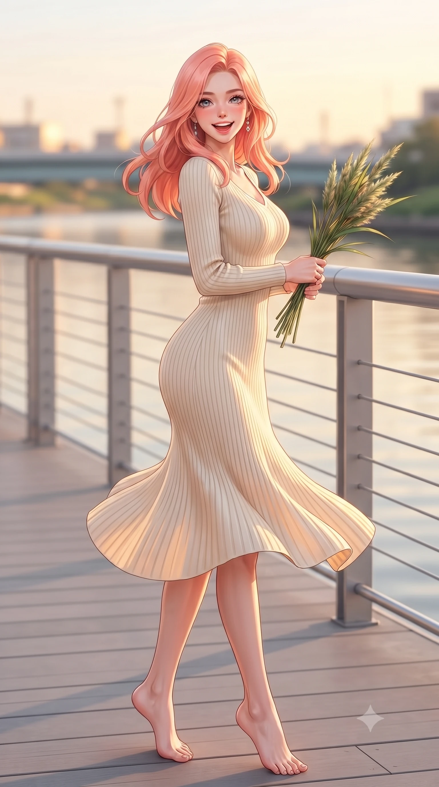 score_9, masterpiece, best quality, ultra-detailed, high-budget anime keyframe, editorial fashion photography, tasteful artistic composition, Japanese woman. low angle full-body shot from head to toe showing her feet, filling the entire 9:16 vertical frame with her statuesque presence, stretching her vertical silhouette. twirling around with a playful, sensual laugh, her dress fluttering elegantly to accent her waistline set against a soft-focus background of walking along a modern riverside boardwalk with metal railings holding a bunch of fresh river reeds with a happy, cute expression. She has an absolutely perfect, statuesque 8.5-heads proportion, an exceptionally tall and slender model-like female figure with impossibly long slender legs and an ultra-slim waist. sharp v-shaped jawline, high-bridge nose, intricate jewel-like eyes with depth, thick eyelashes, glossy lips with a natural sheen. wearing tailored form-fitting ribbed knit dress in cream, contouring her slender silhouette. warm golden hour sunset light reflecting off the calm river surface. highly saturated vibrant anime colors, detailed shading with soft gradients, rich glossy textures, high-contrast stereoscopic depth, volumetric dynamic lighting, master piece, 9:16 ratio