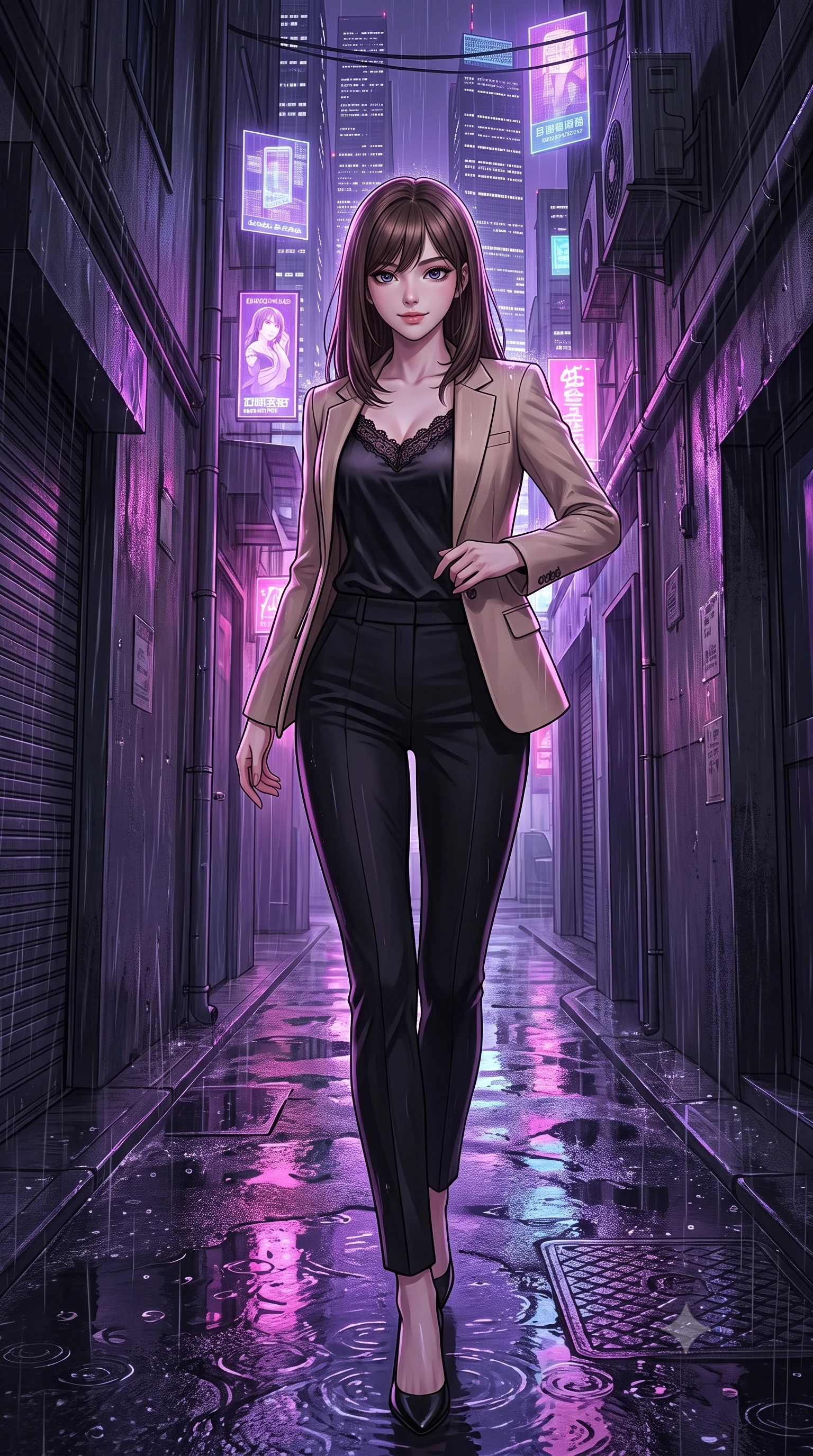 score_9, masterpiece, best quality, ultra-detailed, high-budget anime keyframe, editorial fashion photography, tasteful artistic composition, Korean woman. low angle full-body shot from head to toe showing her feet, filling the entire 9:16 vertical frame with her statuesque presence, stretching her vertical silhouette. navigating with fluid, playful motion through in a narrow alleyway at night during a rainstorm, with wet concrete reflecting the purple neon of nearby skyscrapers and floating holographic ads. She has a statuesque 8.5-heads proportion, an exceptionally tall, slender and willowy model-like build with impossibly long legs and a highly sculpted ultra-slim waist. sharp v-shaped jawline, high-bridge nose, intricate jewel-like eyes with depth, thick eyelashes, glossy lips with a natural sheen. wearing a black fine lace-trimmed satin camisole layered under a structured beige blazer, paired with tailored pencil pants. saturated purple and pink neon light reflecting off the wet asphalt, creating sharp colorful specular highlights. 2k, ultra detail, master piece, 9:16 ratio
