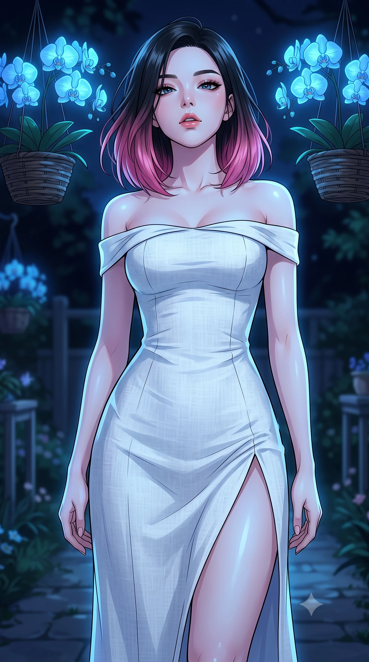 score_9, masterpiece, best quality, ultra-detailed, high-budget anime keyframe, tasteful artistic composition, Korean woman. close-up cowboy shot from the waist and thighs up, the character dominates the composition, filling the frame with her large presence, background elements kept in soft focus. tilting her chin up slightly with lips parted in a composed, provocative expression the background shows a soft-focus a private garden pathway under hanging baskets of glowing blue orchids at night. She has an exceptionally elegant, slender, and willowy female figure with an ultra-slim waist, a gracefully sculpted slender torso, and a refined silhouette. sharp v-shaped jawline, high-bridge nose, intricate jewel-like eyes with depth, thick eyelashes, glossy lips with a natural sheen. wearing a tailored off-shoulder white linen summer dress featuring a high side slit ascending to mid-thigh. soft blue bioluminescent light making her skin luminously glow against the dark. highly saturated vibrant anime colors, cel-shading, 2d style, master piece, 9:16 ratio
