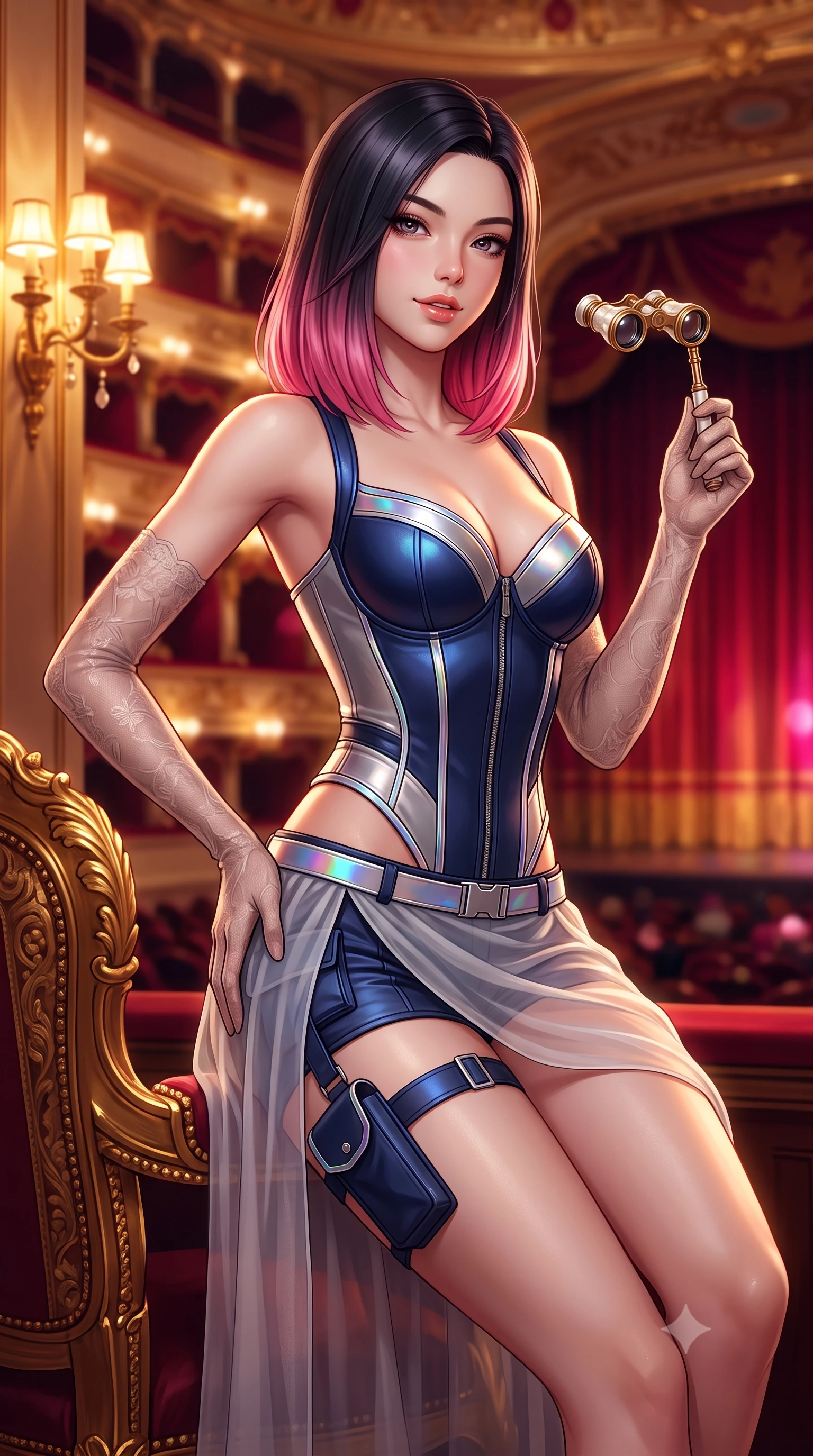 score_9, masterpiece, best quality, ultra-detailed, high-budget anime keyframe, semi-realistic 3D game render, editorial fashion photography, tasteful artistic composition, Korean woman. close-up cowboy shot from the waist and thighs up, the character dominates the composition, filling the frame with her large presence. tilting her head with a teasing half-smile, running one hand slowly down the side of her hip in a flirtatious S-curve as ambient light caresses her silhouette while sitting perched on the arm of the gilded baroque chair, holding an antique pearl opera glass with effortless coquettish charm. The background shows a soft-focus the vast gilded theater auditorium, tiers of opera boxes, and distant stage curtain blurred into crimson, gold, and ruby bokeh. She has an exceptionally elegant, slender, and willowy female figure with an ultra-slim waist, flat toned midriff, narrow ribcage, and sculpted feminine hips creating an alluring, slim hourglass silhouette without bulk. sharp v-shaped jawline, high-bridge nose, sparkling eyes with hypnotic seductive depth, thick curled eyelashes, glossy parted lips with a natural dewy peach sheen, alluring bedroom-eyes with an enchanting coquettish smile, exuding magnetic siren charisma and sophisticated glamour, flawlessly proportioned anatomical accuracy, strict slender model proportions, natural body alignment, perfectly sculpted long slender limbs, ultra-slim waistline, clean dynamic posture without body distortion. wearing a structured boned tactical leatherette corset bodice paired with low-rise cargo hot-pants and thigh holster straps in deep sapphire navy and metallic silver with holographic trims, made of sheer gossamer chiffon that drapes softly against skin with airy translucence, complemented by sheer opera-length lace evening gloves tracing her slender arms, the high-slit wrap tailoring accentuating her ultra-slim waistline and the enchanting curve of her feminine hips with alluring seductive charm. bathed in warm amber light spilling from gilded sconces mixed with stage illumination bounce. highly saturated vibrant anime colors, detailed shading with soft gradients, rich glossy textures, high-contrast stereoscopic depth, volumetric dynamic lighting, master piece, 9:16 ratio