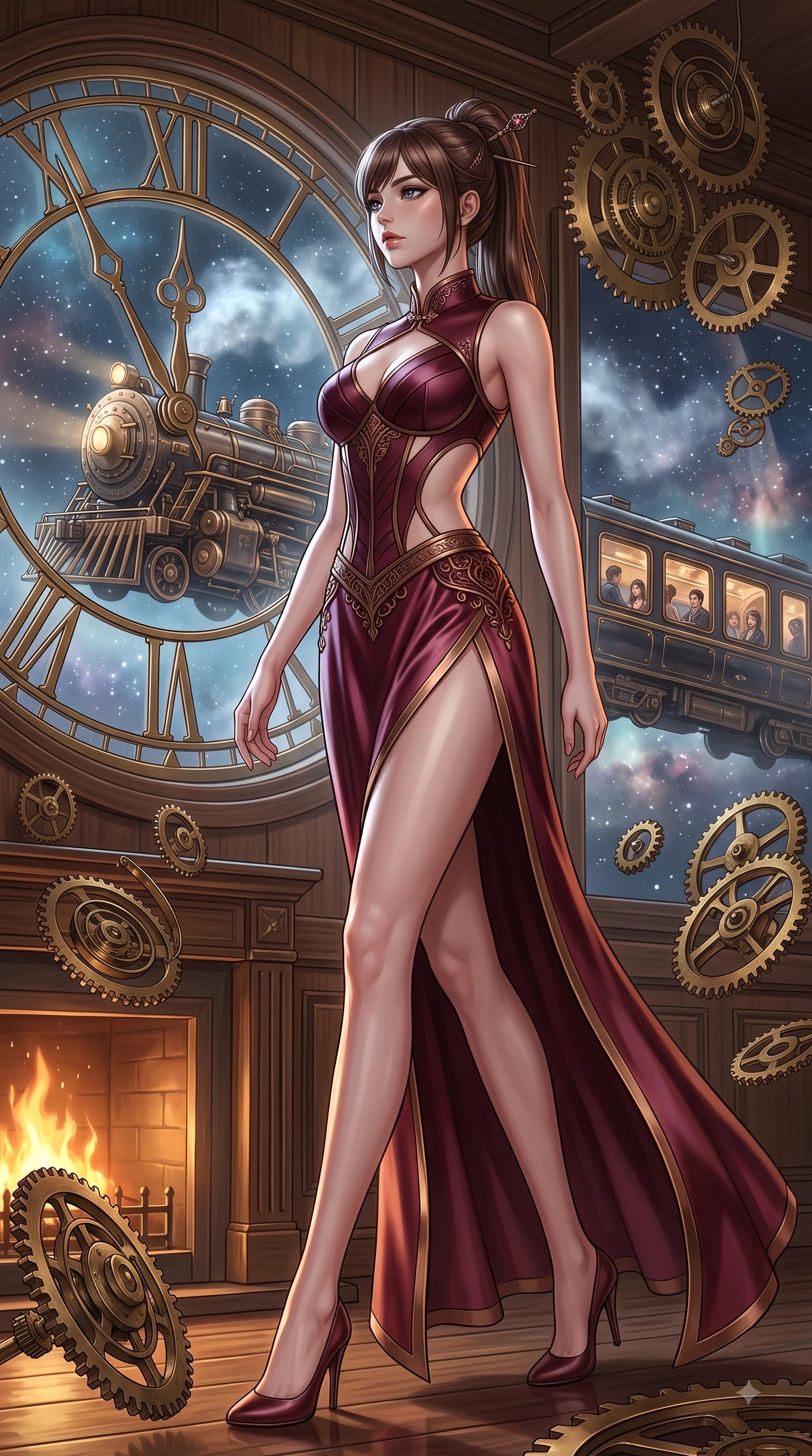 score_9, masterpiece, best quality, ultra-detailed, high-budget anime keyframe, editorial fashion photography, tasteful artistic composition, Korean woman. low angle full-body shot from head to toe showing her feet, filling the entire 9:16 vertical frame with her statuesque presence, stretching her vertical silhouette. stepping forward in a proud dynamic stride with an alluring waist tilt, her vertical silhouette filling the frame while gazing out a circular clock window at a galaxy express train passing through starlight mist, floating brass gears and clocksprings casting intricate metallic reflections. She has an absolutely perfect, statuesque 8.5-heads proportion, an exceptionally tall and slender model-like female figure with impossibly long slender legs and an ultra-slim waist. sharp v-shaped jawline, high-bridge nose, intricate jewel-like eyes with depth, thick eyelashes, glossy lips with a natural sheen, flawlessly proportioned anatomical accuracy, natural body alignment, perfectly sculpted elegant limbs, clean dynamic posture without body distortion. wearing a modern fusion silk hanbok dress with a structured bodice and flowing skirt in deep burgundy and bronze, crafted from lustrous satin jersey with fluid draping, featuring clean architectural cutouts along her slender torso, the elegant draped fit framing her graceful clavicle and slender torso. surrounded by warm hearth light and dramatic bronze rim highlights. ultra-reflective glossy finish, specular highlights, metallic sheen, high-contrast stereoscopic depth, volumetric dynamic lighting, 2k, ultra detail, master piece, 9:16 ratio