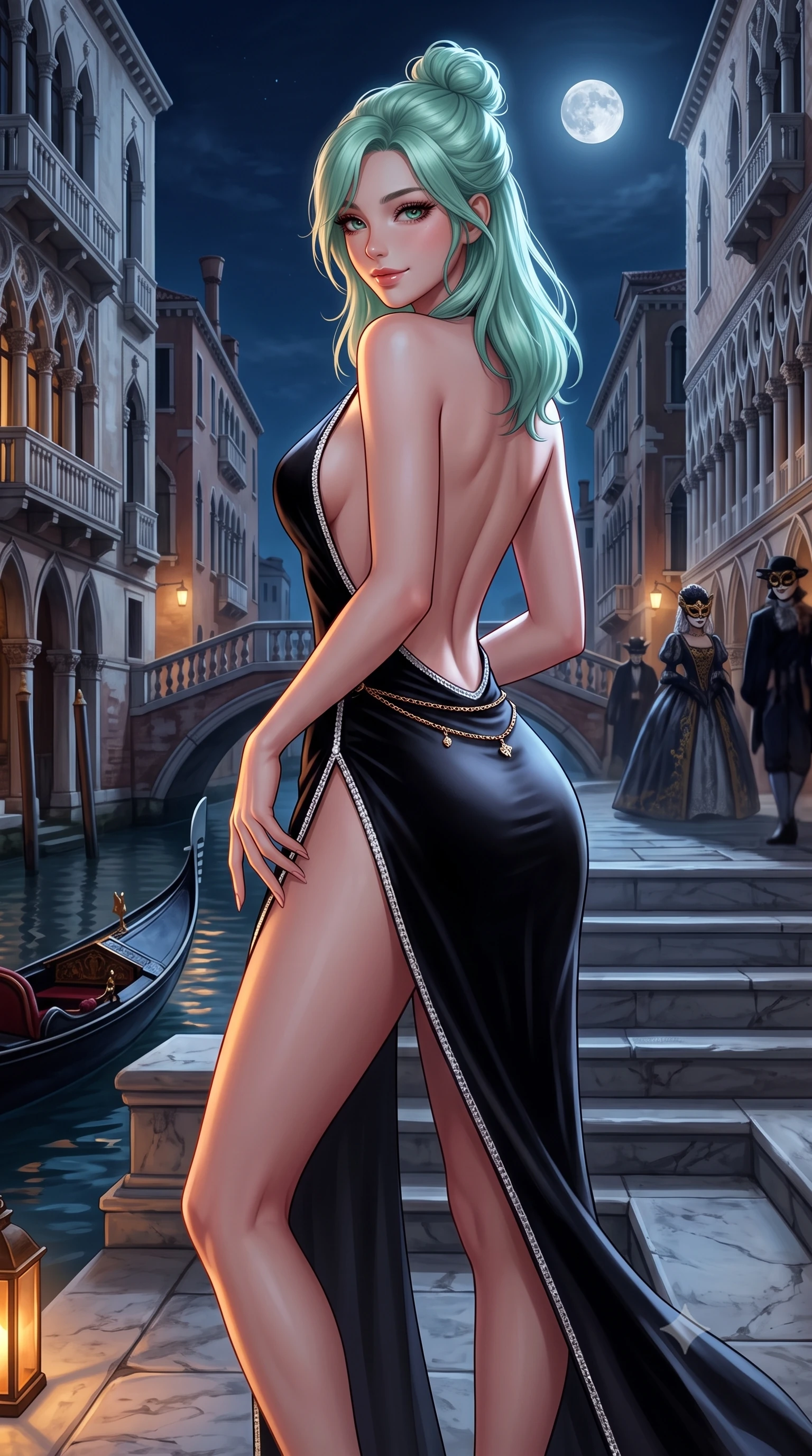 score_9, masterpiece, best quality, ultra-detailed, high-budget anime keyframe, semi-realistic 3D game render, editorial fashion photography, tasteful artistic composition, Japanese woman. close-up cowboy shot from the waist and thighs up, the character dominates the composition, filling the frame with her large presence. turning over a bare shoulder with an intoxicating, teasing smile, her soft hair framing her sharp jawline as her hips angle gracefully while gliding down the grand palace water steps with supermodel poise, her liquid dress clinging to her narrow waist and rounded hips in the moonlight. The surrounding environment is rendered in vivid detail and crisp panoramic clarity. rich high-contrast Venetian nocturnal chiaroscuro and decadent masquerade romance aesthetics in precision. She has an exceptionally elegant, slender, and willowy female figure with an ultra-slim waist, flat toned midriff, narrow ribcage, and sculpted feminine hips creating an alluring, slim hourglass silhouette without bulk. sharp v-shaped jawline, high-bridge nose, intricate jewel-like eyes with depth, thick eyelashes, glossy parted lips with a natural sheen, intensely captivating and seductive bedroom-eyes expression, flawlessly proportioned anatomical accuracy, strict slender model proportions, natural body alignment, perfectly sculpted long slender limbs, ultra-slim waistline, clean dynamic posture without body distortion. wearing a plunging-V neckline duchess satin gown with high side slits ascending to the high hip in pitch-black velvet with diamond crystal trim, tailored from ultra-smooth duchess satin with a pearlescent sheen, accented with a delicate gold chain belt resting loosely on her curvy hips, the dramatically scooped open back descending to the base of her spine, accentuating her razor-sharp statuesque lines and slim hourglass silhouette. bathed in cool silver full-moon light streaming from above and warm amber gondola lantern uplights. highly saturated vibrant anime colors, detailed shading with soft gradients, rich glossy textures, high-contrast stereoscopic depth, volumetric dynamic lighting, master piece, 9:16 ratio