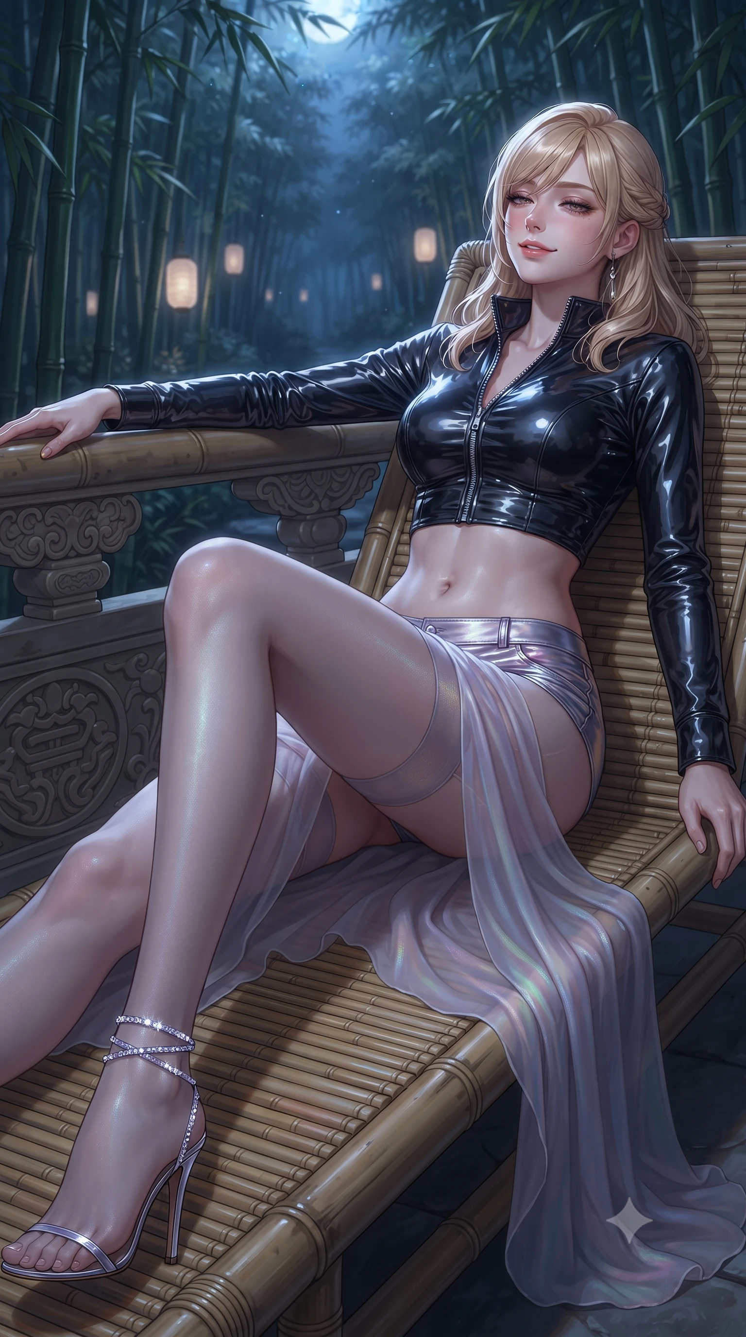 score_9, masterpiece, best quality, ultra-detailed, high-budget anime keyframe, editorial fashion photography, tasteful artistic composition, Caucasian woman. close-up cowboy shot from the waist and thighs up, the character dominates the composition, filling the frame with her large presence. leaning back against the balustrade with relaxed seductive grace, head tilted back slightly while casting a hypnotic, heavy-lidded gaze while reclining gracefully on a woven bamboo chaise lounge, one knee bent to display her long slender legs and sculpted waistline. The background shows a soft-focus faint paper lanterns glowing softly between bamboo groves softened in intimate nocturnal shallow focus. She has an exceptionally elegant, slender, and willowy female figure with an ultra-slim waist, flat toned midriff, narrow ribcage, and sculpted feminine hips creating an alluring, slim hourglass silhouette without bulk. sharp v-shaped jawline, high-bridge nose, sparkling eyes with hypnotic seductive depth, thick curled eyelashes, glossy parted lips with a natural dewy peach sheen, alluring bedroom-eyes with an enchanting coquettish smile, exuding magnetic siren charisma and sophisticated glamour, flawlessly proportioned anatomical accuracy, strict slender model proportions, natural body alignment, perfectly sculpted long slender limbs, ultra-slim waistline, clean dynamic posture without body distortion. wearing a form-fitting zip-front wet-look vinyl bolero jacket paired with low-rise metallic hot-pants and sheer stockings in iridescent mother-of-pearl and misty lavender, made of sheer gossamer chiffon that drapes softly against skin with airy translucence, complemented by strappy stiletto sandals with crystal ankle wraps accentuating her slender calves, the high-slit wrap tailoring accentuating her ultra-slim waistline and the enchanting curve of her feminine hips with alluring seductive charm. bathed in cool moonlight filtering delicately through the dense bamboo canopy. ultra-reflective glossy finish, specular highlights, rich textural contrasts, high-contrast stereoscopic depth, volumetric dynamic lighting, 2k, ultra detail, master piece, 9:16 ratio