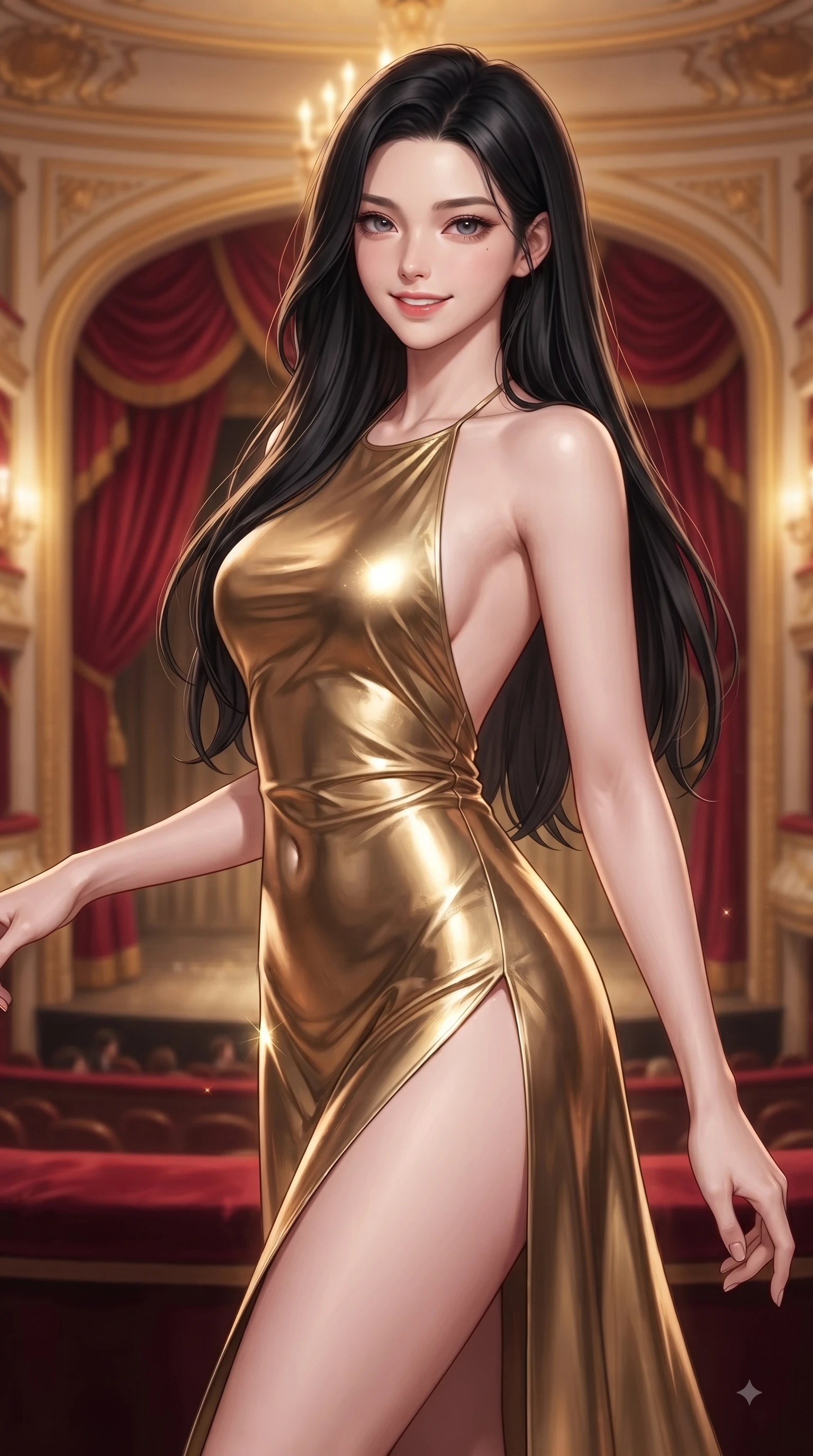 score_9, masterpiece, best quality, ultra-detailed, high-budget anime keyframe, editorial fashion photography, tasteful artistic composition, Korean woman woman. close-up cowboy shot from the waist and thighs up, the character dominates the composition, filling the frame with her large presence, background elements kept in soft focus. She has an exceptionally elegant, slender, and willowy female figure with an ultra-slim waist, a gracefully sculpted slender torso, and a refined silhouette. smiling with quiet, magnetic self-assurance directly into the camera lens, flawlessly proportioned anatomical accuracy, natural body alignment, perfectly sculpted elegant limbs, clean dynamic posture without body distortion. set against a soft-focus background of a VIP theater box suite draped in red silk velvet and gold trim. wearing a backless metallic gold halter gown with a daring high side slit to mid-thigh. bathed in warm golden chandelier light from the grand theater stage below. ultra-reflective glossy finish, specular highlights, metallic sheen, high-contrast stereoscopic depth, volumetric dynamic lighting, 2k, ultra detail, master piece, 9:16 ratio