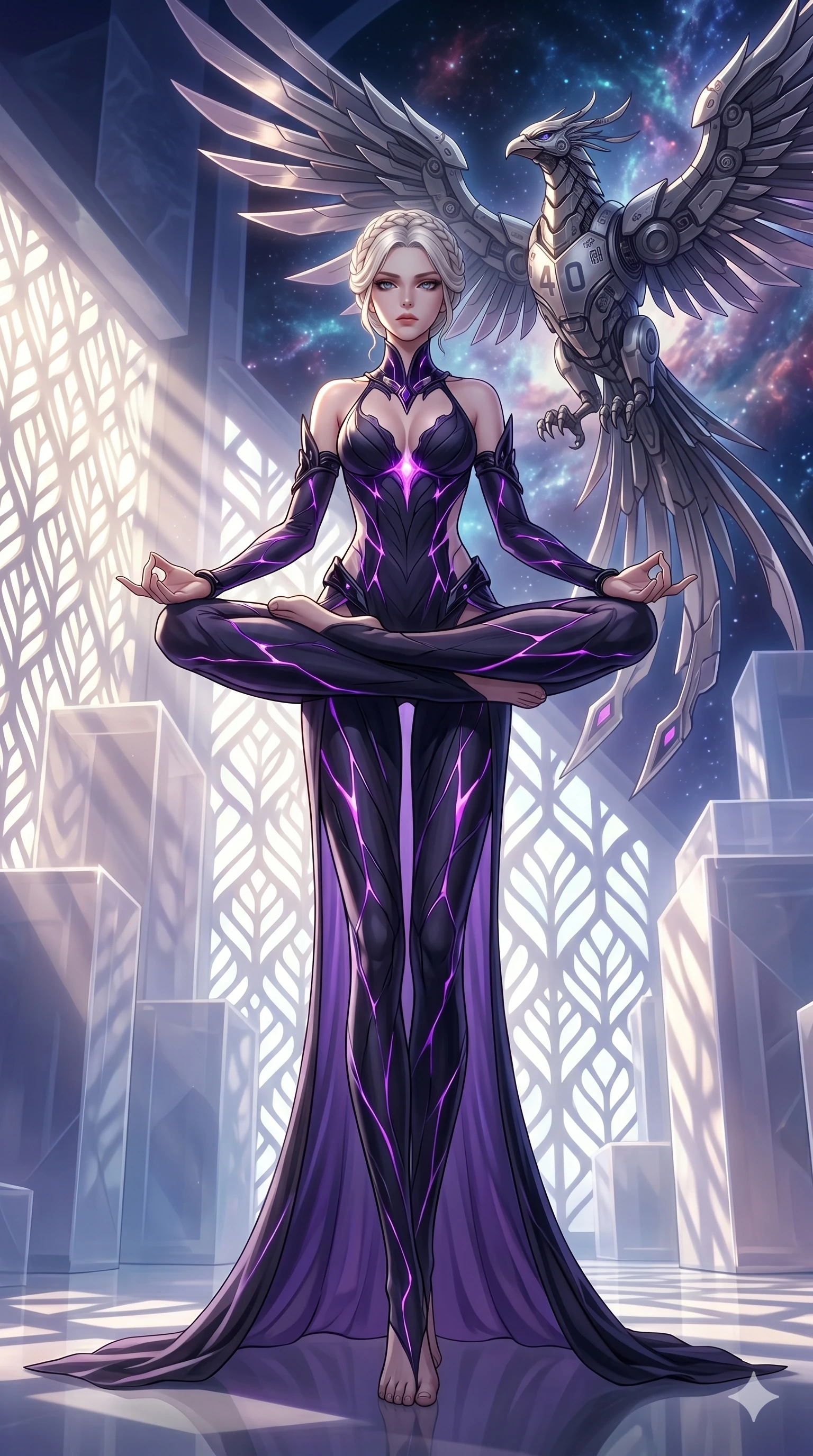 score_9, masterpiece, best quality, ultra-detailed, Set A: High-budget Anime Keyframe, Japanese woman. Low angle cowboy shot filling the entire 9:16 frame with her statuesque presence. Theme: Abstract Cosmic. meditating in a temple made of solid light, while a mechanical phoenix rises in the background marked 40. The atmosphere is filled with cinematic sunlight through leaves. She has an absolutely perfect 8-heads proportion, an exceptionally tall and slender female figure with impossibly long slender legs and an ultra-slim waist. Sharp v-shaped jawline, high-bridge nose, intricate jewel-like eyes with depth, glossy lips. Wearing Void-walker shadow-fabric dress with violet energy cracks and obsidian accessories. Cinematic lighting, vivid colors, dramatic shadows, 2k, ultra detail, master piece, 9:16 ratio