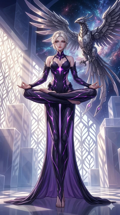 score_9, masterpiece, best quality, ultra-detailed, Set A: High-budget Anime Keyframe, Japanese woman. Low angle cowboy shot filling the entire 9:16 frame with her statuesque presence. Theme: Abstract Cosmic. meditating in a temple made of solid ligh