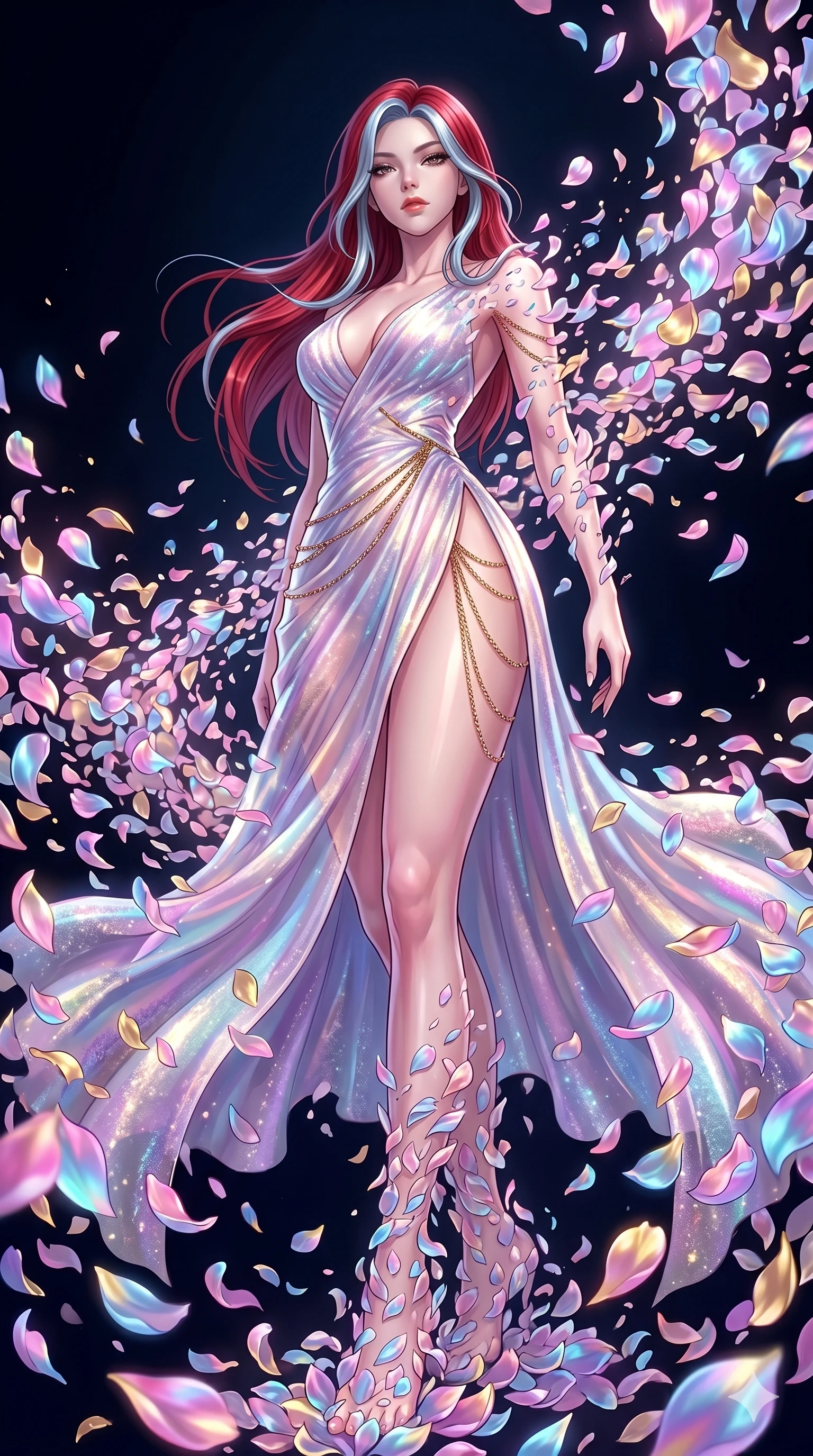 score_9, masterpiece, best quality, ultra-detailed, High-budget Anime Keyframe, East Asian woman. Low angle cowboy shot filling the entire 9:16 frame with her statuesque presence. Scenario 31: Dissolving into a cloud of iridescent silk petals in a void. Her presence is magnetic and overpowering in this high-budget anime scene. Outfit 31: A shimmering chiffon dangerous with a thigh-high slit and fine gold chains. The clothing is designed to emphasize her exceptionally tall and slender 8-heads proportion. 8-heads proportion, towering silhouette, ultra-slim waist. sharp v-shaped jawline, intricate jewel-like eyes with depth, thick eyelashes, glossy lips. 2k, ultra detail, master piece, 9:16 ratio