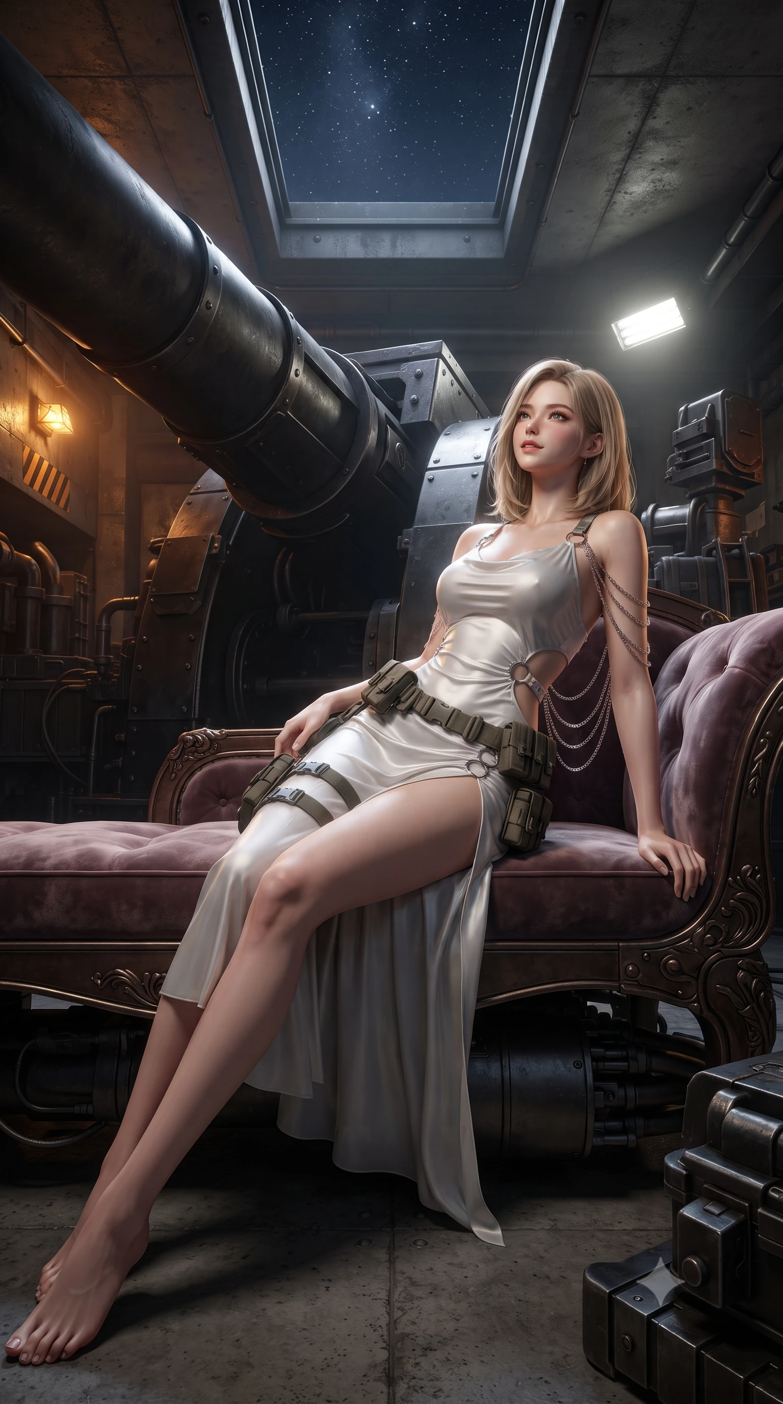 score_9, masterpiece, best quality, ultra-detailed, high-budget anime keyframe, editorial fashion photography, tasteful artistic composition, Korean woman. low angle full-body shot from head to toe showing her feet, filling the entire 9:16 vertical frame with her statuesque presence, stretching her vertical silhouette. reclining gracefully across the plush chaise lounge with one leg extended, her sculpted silhouette and flat midriff radiating magnetic nocturnal glamour while leaning against the armored cannon breech with hips cocked back, gazing up the vertical shaft toward the distant starry night hatch with heavy-lidded bedroom-eyes. The surrounding environment is rendered in vivid detail and crisp panoramic clarity: detailed tactical coat texture, combat webbing accents, and monumental subterranean fortress engineering in high resolution. She has an exceptionally tall and slender model-like 8.5-heads proportion, an ultra-slim waist, a flat toned midriff, narrow delicate ribcage, and beautifully sculpted feminine hips creating a graceful, slim hourglass silhouette without any bulky heaviness, with impossibly long slender legs. sharp v-shaped jawline, high-bridge nose, intricate jewel-like sparkling eyes with depth, thick eyelashes, glossy parted lips with a natural peach sheen, bright cheerful beaming smile with an enchanting and coquettish sensual glint, exuding both youthful cute charm and seductive allure, flawlessly proportioned anatomical accuracy, strict slender model proportions, natural body alignment, perfectly sculpted long slender limbs, ultra-slim waistline, clean dynamic posture without body distortion. wearing a form-contouring gossamer silk chiffon combat slip dress with a hip-high slit and open cowl back clinging with dewy moisture in solar-sail rainbow diffraction and titanium white, adorned with delicate chrome ring hardware and cutouts along her slender waist, accented with an open-back drape framed by falling strands of delicate chrome chains, the bespoke structured tailoring following the natural line of her 8.5-heads silhouette with refined elegance. bathed in high-contrast industrial amber hazard lighting combined with cool white work floodlights. ultra-reflective glossy finish, specular highlights, rich textural contrasts, high-contrast stereoscopic depth, volumetric dynamic lighting, 2k, ultra detail, master piece, 9:16 ratio