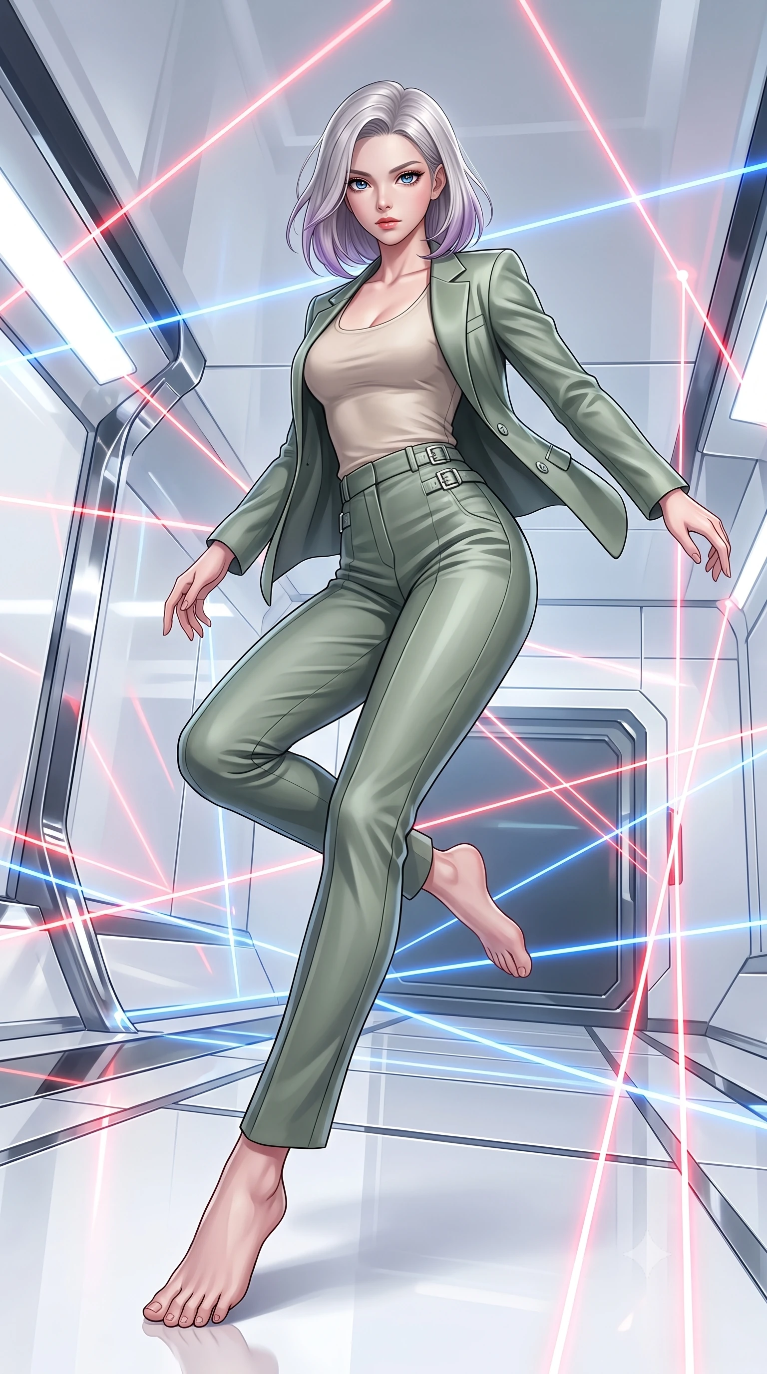 score_9, masterpiece, best quality, ultra-detailed, high-budget anime keyframe, editorial fashion photography, tasteful artistic composition, Caucasian woman. low angle full-body shot from head to toe showing her feet, filling the entire 9:16 vertical frame with her statuesque presence, stretching her vertical silhouette. performing an athletic mid-air rotation with flawless poise, her vertical silhouette beautifully stretched while leaping across a grid of shifting laser beams while turning to gaze at the camera, sleek reflective white and chrome surfaces emphasizing ultra-clean lines. She has an absolutely perfect, statuesque 8.5-heads proportion, an exceptionally tall and slender model-like female figure with impossibly long slender legs and an ultra-slim waist. sharp v-shaped jawline, high-bridge nose, intricate jewel-like eyes with depth, thick eyelashes, glossy lips with a natural sheen, flawlessly proportioned anatomical accuracy, natural body alignment, perfectly sculpted elegant limbs, clean dynamic posture without body distortion. wearing a tailored silk blazer over a form-contouring scoop-neck top and slacks in sage green and oatmeal, crafted from smooth liquid silk, detailed with polished silver buckles along the waistline, the glove-like fit emphasizing her statuesque silhouette during motion. surrounded by a crisp high-tech illumination with high specular contrast. highly saturated vibrant anime colors, detailed shading with soft gradients, rich glossy textures, high-contrast stereoscopic depth, volumetric dynamic lighting, master piece, 9:16 ratio