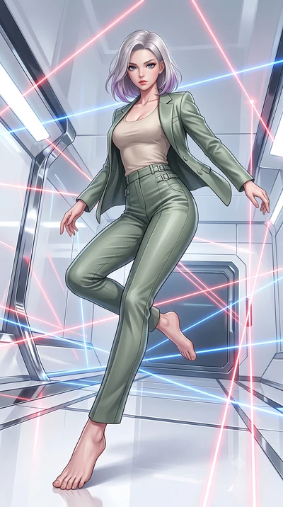 score_9, masterpiece, best quality, ultra-detailed, high-budget anime keyframe, editorial fashion photography, tasteful artistic composition, Caucasian woman. low angle full-body shot from head to toe showing her feet, filling the entire 9:16 vertica