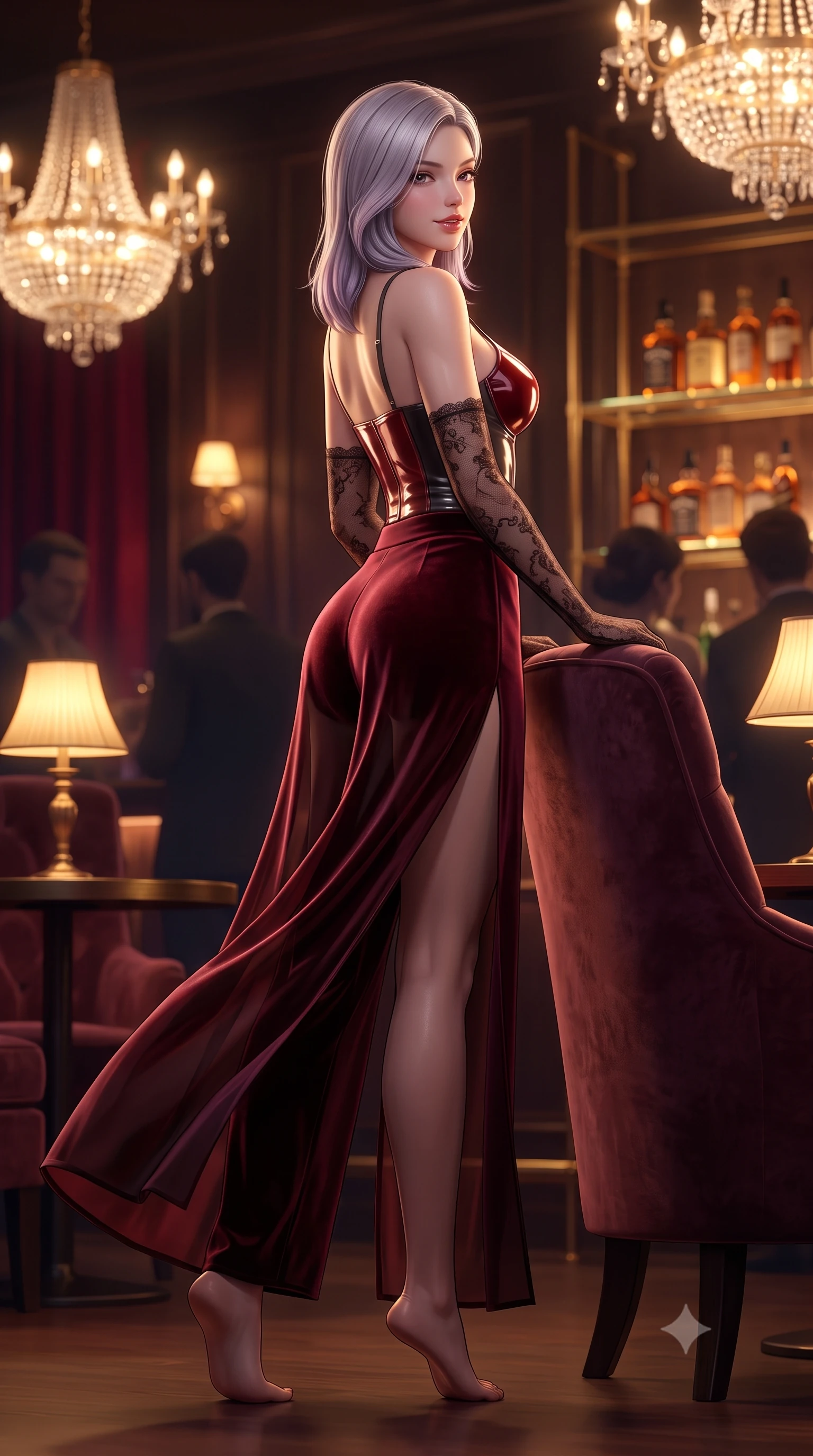 score_9, masterpiece, best quality, ultra-detailed, high-budget anime keyframe, semi-realistic 3D game render, editorial fashion photography, tasteful artistic composition, Caucasian woman. low angle full-body shot from head to toe showing her feet, filling the entire 9:16 vertical frame with her statuesque presence, stretching her vertical silhouette. executing a slow, graceful pivot turn as her silk gown sways around her slender legs, glancing back with an enchanting, teasing sensual expression while reclining on the plush velvet lounge chair with one arm draped over the backrest, flashing a playful, coquettish smile with glossy parted lips. The background shows a soft-focus glowing crystal chandeliers, amber liquor bottles on brass shelves, and shadowy patrons blurred into sultry ruby, topaz, and smoky obsidian bokeh. She has an absolutely perfect, statuesque 8.5-heads proportion, an exceptionally tall and slender model-like female figure with impossibly long slender legs, an ultra-slim waist, a flat toned midriff, narrow delicate ribcage, and beautifully sculpted feminine hips creating a graceful, slim hourglass silhouette without any bulky heaviness. sharp v-shaped jawline, high-bridge nose, sparkling eyes with hypnotic seductive depth, thick curled eyelashes, glossy parted lips with a natural dewy peach sheen, alluring bedroom-eyes with an enchanting coquettish smile, exuding magnetic siren charisma and sophisticated high-fashion glamour, flawlessly proportioned anatomical accuracy, strict slender model proportions, natural body alignment, perfectly sculpted long slender limbs, ultra-slim waistline, clean dynamic posture without body distortion. wearing a wet-look form-fitting vinyl bustier paired with sheer chiffon high-slit wide-leg trousers in rich cherry lacquer and smoky charcoal, tailored from ultra-plush velvet with rich tactile depth and deep shadow gradients, complemented by sheer opera-length lace evening gloves tracing her slender arms, the form-contouring silhouette accentuating her sculpted flat midriff, narrow delicate ribcage, and gracefully curvy hips with intoxicating allure. bathed in moody amber chiaroscuro lighting spilling softly from vintage shaded table lamps. highly saturated vibrant anime colors, detailed shading with soft gradients, rich glossy textures, high-contrast stereoscopic depth, volumetric dynamic lighting, master piece, 9:16 ratio