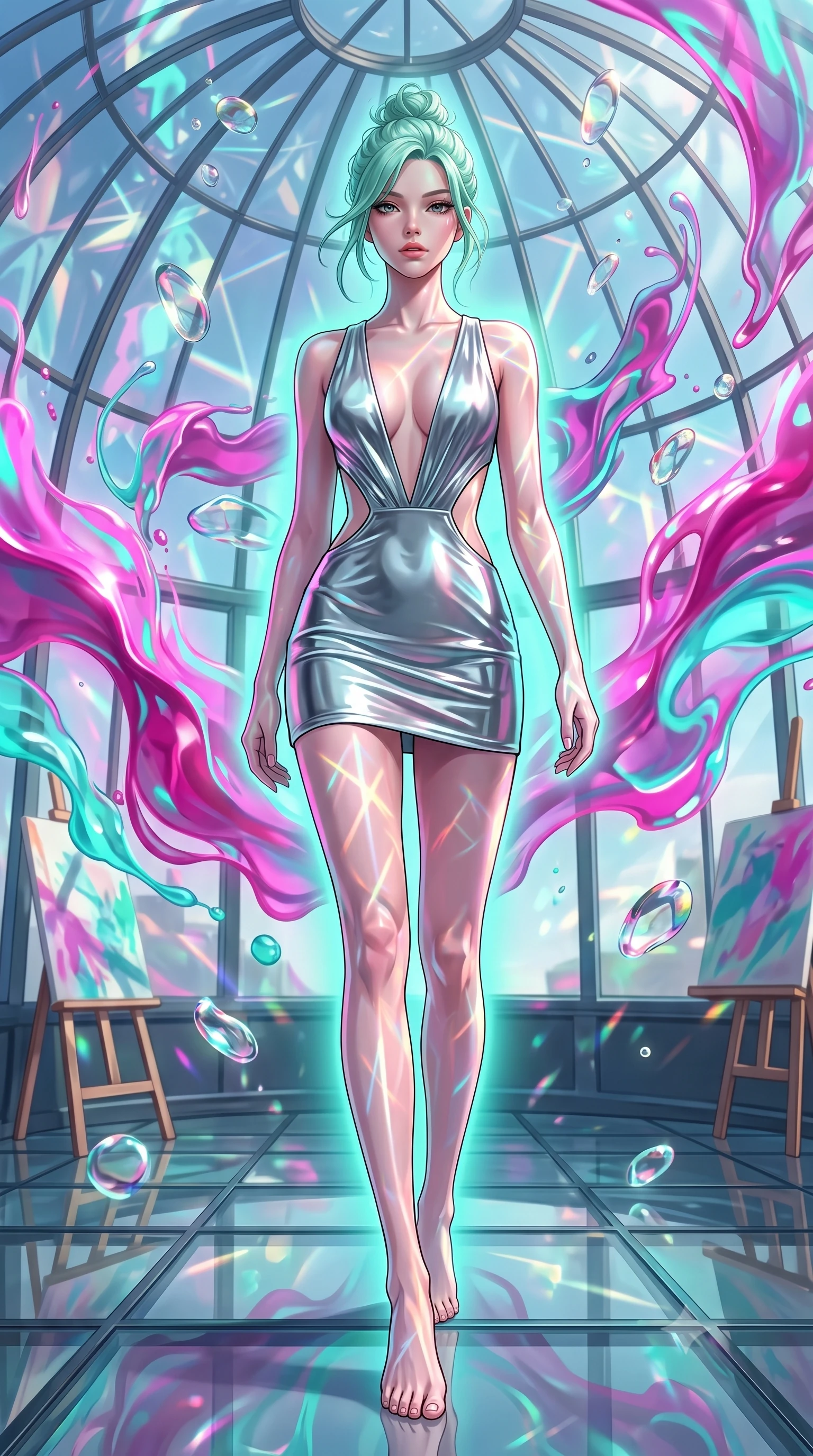 score_9, masterpiece, best quality, ultra-detailed, high-budget anime keyframe, editorial fashion photography, tasteful artistic composition, Japanese woman. low angle full-body shot from head to toe showing her feet, filling the entire 9:16 vertical frame with her statuesque presence, stretching her vertical silhouette. navigating the luminous space with effortless poise, displaying her perfect model proportions standing inside a glass-domed art atelier filled with floating liquid paint swirls, a kaleidoscope of refractions forming geometric light patterns on her skin. She has an absolutely perfect, statuesque 8.5-heads proportion, an exceptionally tall and slender model-like female figure with impossibly long slender legs and an ultra-slim waist. sharp v-shaped jawline, high-bridge nose, intricate jewel-like eyes with depth, thick eyelashes, glossy lips with a natural sheen. wearing a liquid mercury gloss mini dress with ultra-deep plunging V-neck and dramatic waist cutouts, the sleek second-skin texture accentuating her magnetic presence. surrounded by a radiant glow of magenta and aqua fluid highlights. highly saturated vibrant anime colors, detailed shading with soft gradients, rich glossy textures, high-contrast stereoscopic depth, volumetric dynamic lighting, master piece, 9:16 ratio