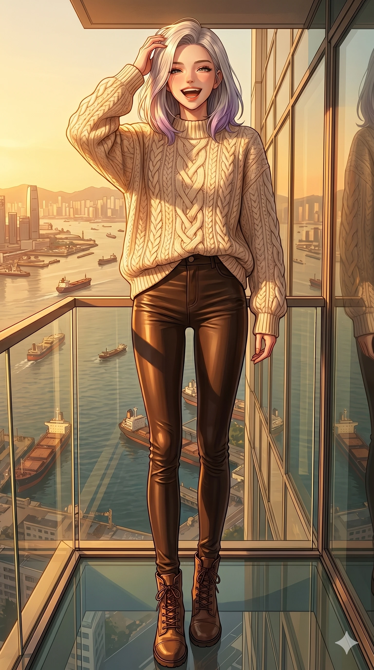 score_9, masterpiece, best quality, ultra-detailed, high-budget anime keyframe, vibrant anime aesthetic, Caucasian woman, strictly human ears. low angle full-body shot from head to toe showing her feet, filling the entire 9:16 vertical frame with her statuesque presence, stretching her vertical silhouette. She is laughing happily while running her fingers through her hair in the sun on a glass-walled balcony of a high-rise building with views of a sunny harbor (Code-P20-025). She has an absolutely perfect 8-heads proportion, an exceptionally tall and slender female figure with impossibly long slender legs and an ultra-slim waist. V-shaped jawline, high-bridge nose, intricate jewel-like eyes with depth, thick eyelashes, glossy lips with a natural sheen. wearing a cozy oversized knit sweater with leather pants and boots. She is bathed in warm golden hour sunset light, casting long shadows across her form. 2k, ultra detail, master piece, 9:16 ratio