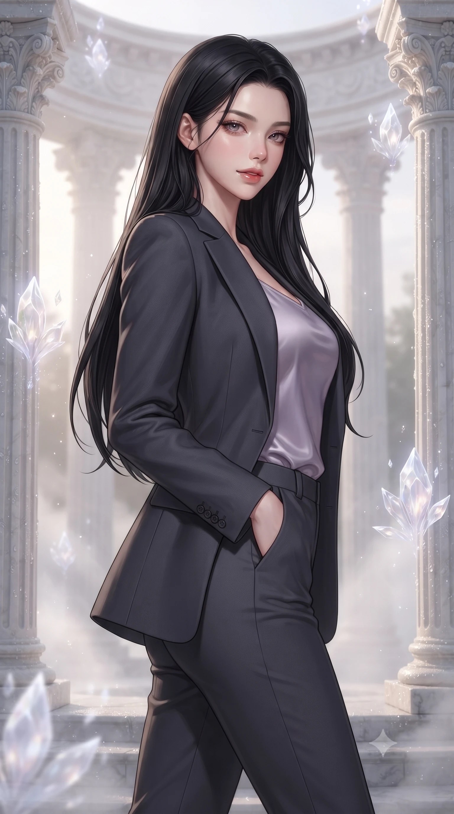 score_9, masterpiece, best quality, ultra-detailed, high-budget anime keyframe, editorial fashion photography, tasteful artistic composition, Korean woman. close-up cowboy shot from the waist and thighs up, the character dominates the composition, filling the frame with her large presence, background elements kept in soft focus. Glancing sidelong over her shoulder with a smoldering half-smile. set against a soft-focus background of an ancient white marble amphitheater at the first golden light of dawn with morning mist swirling between fluted Corinthian columns and dew glistening on every carved stone surface. She has an exceptionally elegant and slender, willowy female figure with an ultra-slim waist, a gracefully sculpted slender torso, and a refined slim physique. sharp v-shaped jawline, high-bridge nose, intricate jewel-like eyes with depth, thick eyelashes, glossy lips with a natural sheen. wearing a tailored charcoal blazer over a soft lavender satin top, paired with matching charcoal tailored trousers. ethereal pearlescent light emanating from floating crystalline formations all around. 2k, ultra detail, master piece, 9:16 ratio