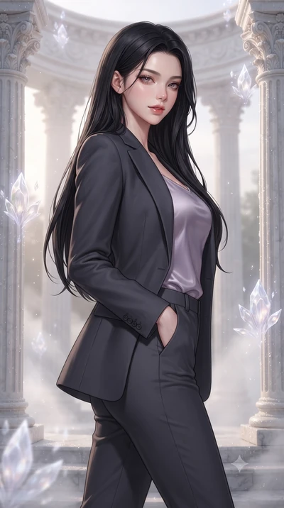 score_9, masterpiece, best quality, ultra-detailed, high-budget anime keyframe, editorial fashion photography, tasteful artistic composition, Korean woman. close-up cowboy shot from the waist and thighs up, the character dominates the composition, fi