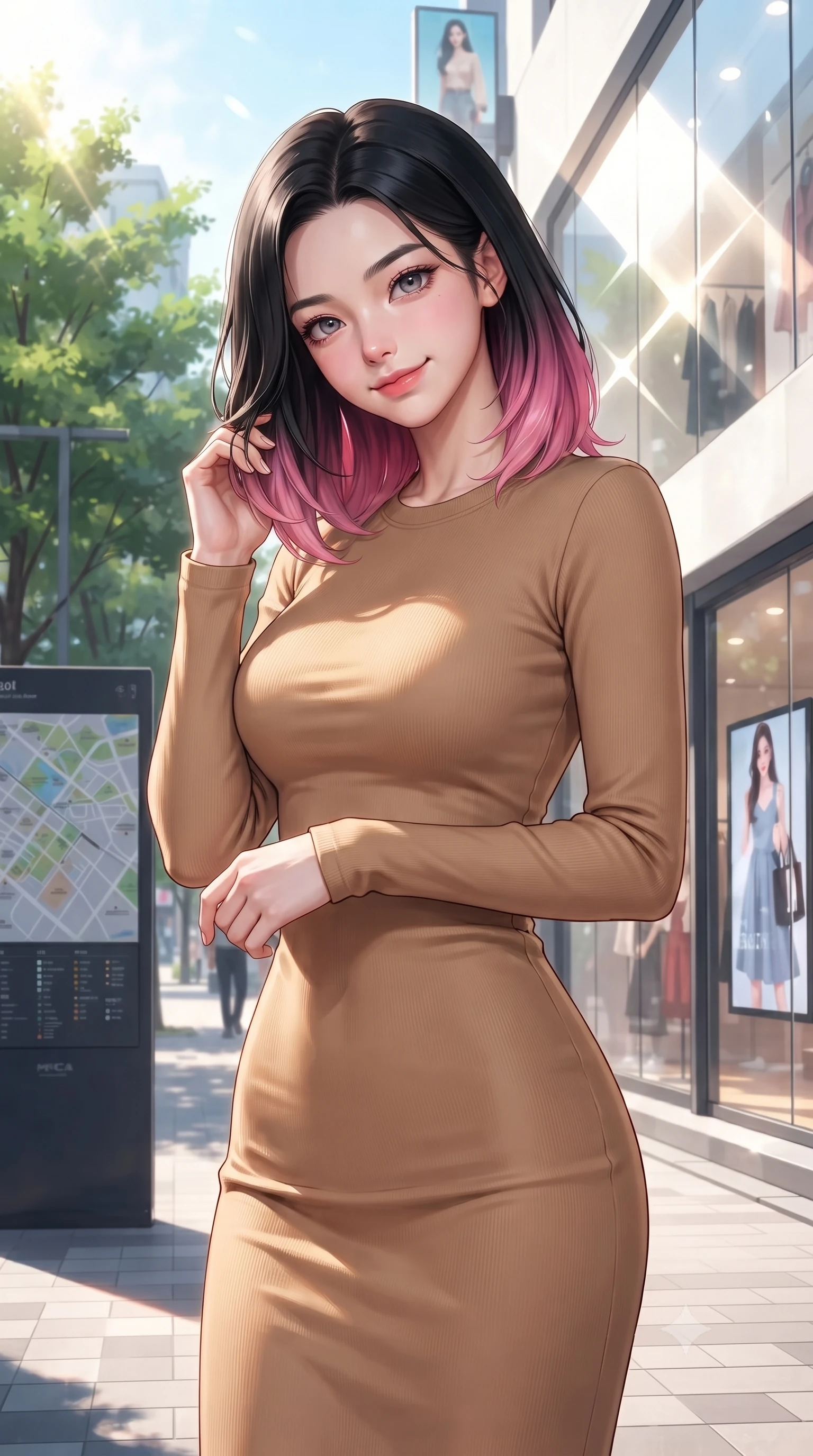 score_9, masterpiece, best quality, ultra-detailed, high-budget anime keyframe, editorial fashion photography, tasteful artistic composition, Korean woman. close-up cowboy shot from the waist and thighs up, the character dominates the composition, filling the frame with her large presence, background elements kept in soft focus. laughing softly with a charming expression, tilting her head cutely to the side set against a soft-focus background of on a trendy shopping street lined with modern boutique shops and green trees with a street map board and digital fashion advertisements in the background. She has an exceptionally elegant, slender, and willowy female figure with an ultra-slim waist, a gracefully sculpted slender torso, and a refined silhouette. sharp v-shaped jawline, high-bridge nose, intricate jewel-like eyes with depth, thick eyelashes, glossy lips with a natural sheen. wearing form-contouring sleek, body-hugging long-sleeve knit dress in camel, outlining her slender silhouette. bright afternoon sunbeams creating sharp reflections on the glass shop windows. ultra-reflective glossy finish, specular highlights, metallic sheen, high-contrast stereoscopic depth, volumetric dynamic lighting, 2k, ultra detail, master piece, 9:16 ratio