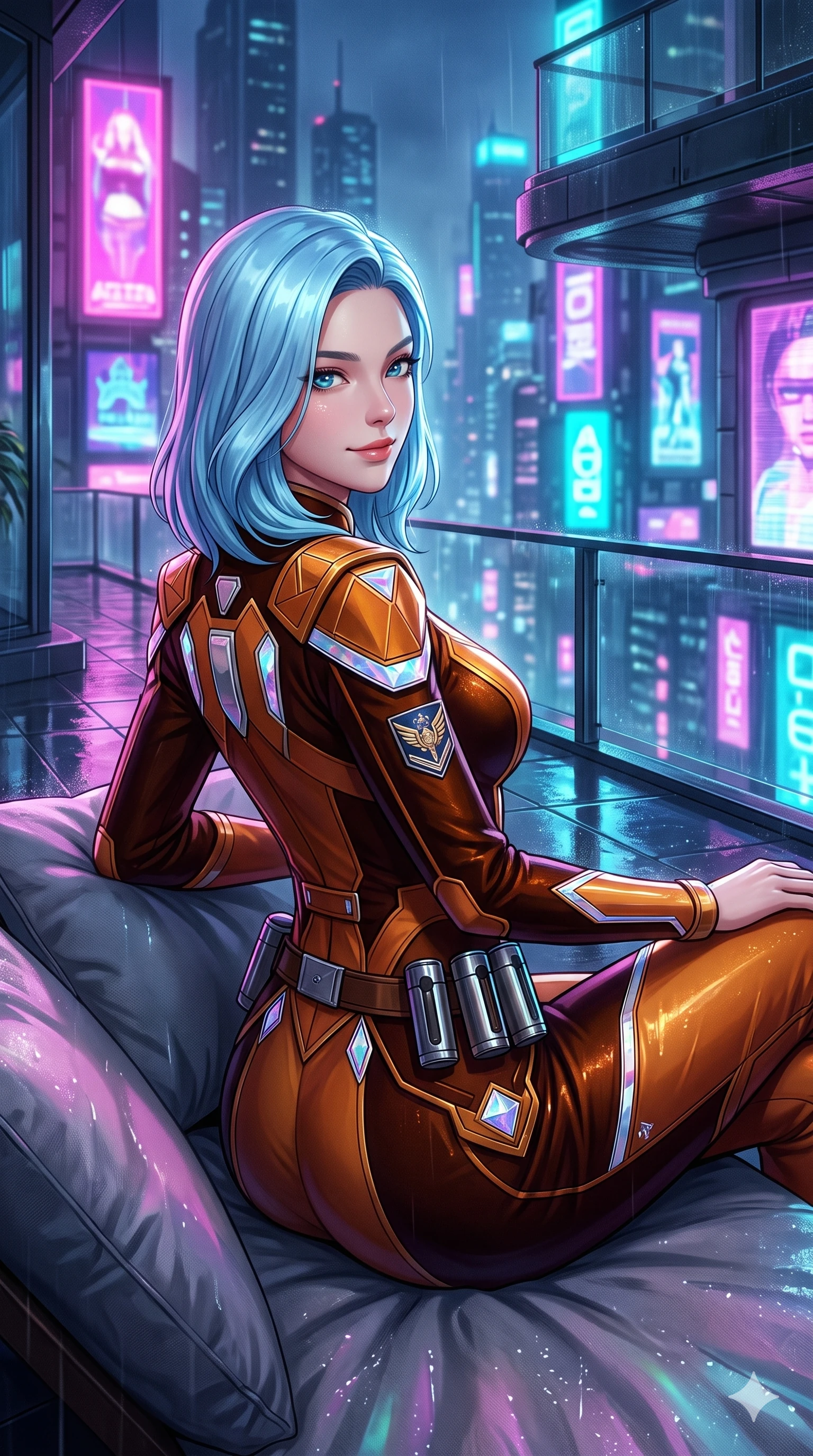 score_9, masterpiece, best quality, ultra-detailed, high-budget anime keyframe, semi-realistic 3D game render, editorial fashion photography, tasteful artistic composition, Korean woman. close-up cowboy shot from the waist and thighs up, the character dominates the composition, filling the frame with her large presence. posing in an alluring rear three-quarter angle, looking over a bare shoulder with heavy-lidded sparkling eyes, her hips cocked back to highlight her slim hourglass curve while lounging comfortably in an exterior plush daybed propped on one elbow with legs crossed, radiating effortless siren charm amidst the neon night. The surrounding environment is rendered in vivid detail and crisp panoramic clarity: intricate cyber-samurai armor accents, form-fitting latex weave, and rain-slicked high-tech balcony architecture in razor-sharp precision. She has an exceptionally elegant, slender, and willowy female figure with an ultra-slim waist, flat toned midriff, narrow ribcage, and sculpted feminine hips creating an alluring, slim hourglass silhouette without bulk. sharp v-shaped jawline, high-bridge nose, intricate jewel-like sparkling eyes with depth, thick eyelashes, glossy parted lips with a natural sheen, bright confident smile with an enchanting and coquettish sensual glint, exuding both youthful magnetic charm and sovereign high-tech allure, flawlessly proportioned anatomical accuracy, strict slender model proportions, natural body alignment, perfectly sculpted long slender limbs, ultra-slim waistline, clean dynamic posture without body distortion. wearing a bespoke orbital diplomatic uniform with structured geometric epaulets and a tailored waistline in cosmic eclipse amber and starlight diamond, made of flexible bullet-resistant ballistic microfiber with high-tensile strength, accented with a sleek utility belt with polished magnetic canisters resting loosely on her curvy hips, the bespoke structured tailoring following the natural line of her 8.5-heads silhouette with refined elegance. bathed in the vibrant, highly saturated glow of magenta, electric cyan, and ultraviolet neon billboards. highly saturated vibrant anime colors, detailed shading with soft gradients, rich glossy textures, high-contrast stereoscopic depth, volumetric dynamic lighting, master piece, 9:16 ratio