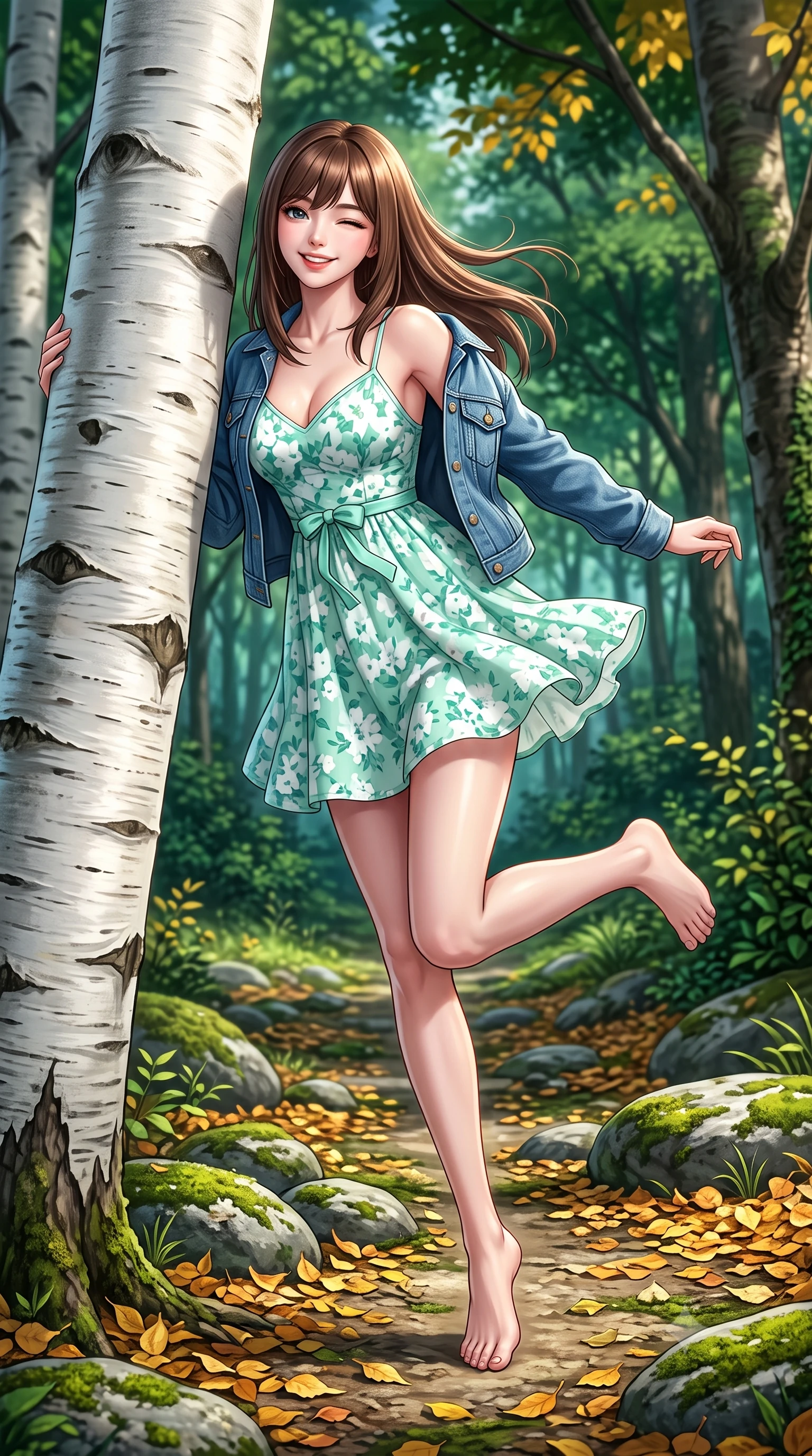 score_9, masterpiece, best quality, ultra-detailed, high-budget anime keyframe, semi-realistic 3D game render, editorial fashion photography, tasteful artistic composition, Korean woman. low angle full-body shot from head to toe showing her feet, filling the entire 9:16 vertical frame with her statuesque presence, stretching her vertical silhouette. leaping with lighthearted youthful energy across the natural path with a dazzling bright smile and balanced athletic poise while peeking playfully from behind a smooth white birch tree trunk with a charming wink and infectious bright smile. The surrounding environment is rendered in vivid detail and crisp panoramic clarity. mossy river stones, fallen autumn-gold birch leaves, and panoramic forest glades rendered in crisp clarity. She has an absolutely perfect, statuesque 8.5-heads proportion, an exceptionally tall and slender model-like female figure with impossibly long slender legs, a toned flat midriff, and an ultra-slim waist. sharp v-shaped jawline, high-bridge nose, intricate jewel-like eyes with depth, thick eyelashes, glossy lips with a natural sheen, pure and lovely fresh girlhood expression, flawlessly proportioned anatomical accuracy, strict slender model proportions, natural body alignment, perfectly sculpted long slender limbs, ultra-slim waistline, clean dynamic posture without body distortion. wearing a classic denim jacket worn lightly over shoulders with a floral print slip dress underneath in refreshing mint green and crisp sea-salt white, knitted from ultra-soft cozy baby-cashmere yarn, accented with a dainty ribbon bow at the waistline, the breezy lightweight fabric fluttering softly against her delicate collarbones, narrow waist, and feminine curves. surrounded by a pure, healing, and magically enchanting forest fairy maiden aura. highly saturated vibrant anime colors, detailed shading with soft gradients, rich glossy textures, high-contrast stereoscopic depth, volumetric dynamic lighting, master piece, 9:16 ratio