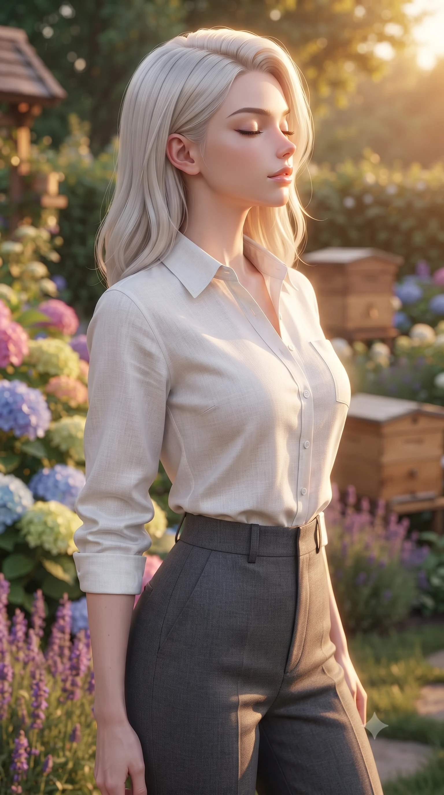 score_9, masterpiece, best quality, ultra-detailed, high-budget anime keyframe, editorial fashion photography, tasteful artistic composition, Caucasian woman woman. close-up cowboy shot from the waist and thighs up, the character dominates the composition, filling the frame with her large presence, background elements kept in soft focus. turning her face in profile to catch the warm sunlight on her cheek, eyes softly closed the background shows a soft-focus a cozy cottage garden filled with colorful hydrangeas, lavender, and wooden beehives. She has an exceptionally elegant, slender, and willowy female figure with an ultra-slim waist, a gracefully sculpted slender torso, and a refined silhouette. sharp v-shaped jawline, high-bridge nose, intricate jewel-like eyes with depth, thick eyelashes, glossy lips with a natural sheen. wearing a tailored classic white linen button-down shirt over charcoal grey trousers. warm golden hour afternoon light bathing the garden in warmth. ultra-reflective glossy finish, specular highlights, metallic sheen, high-contrast stereoscopic depth, volumetric dynamic lighting, 2k, ultra detail, master piece, 9:16 ratio