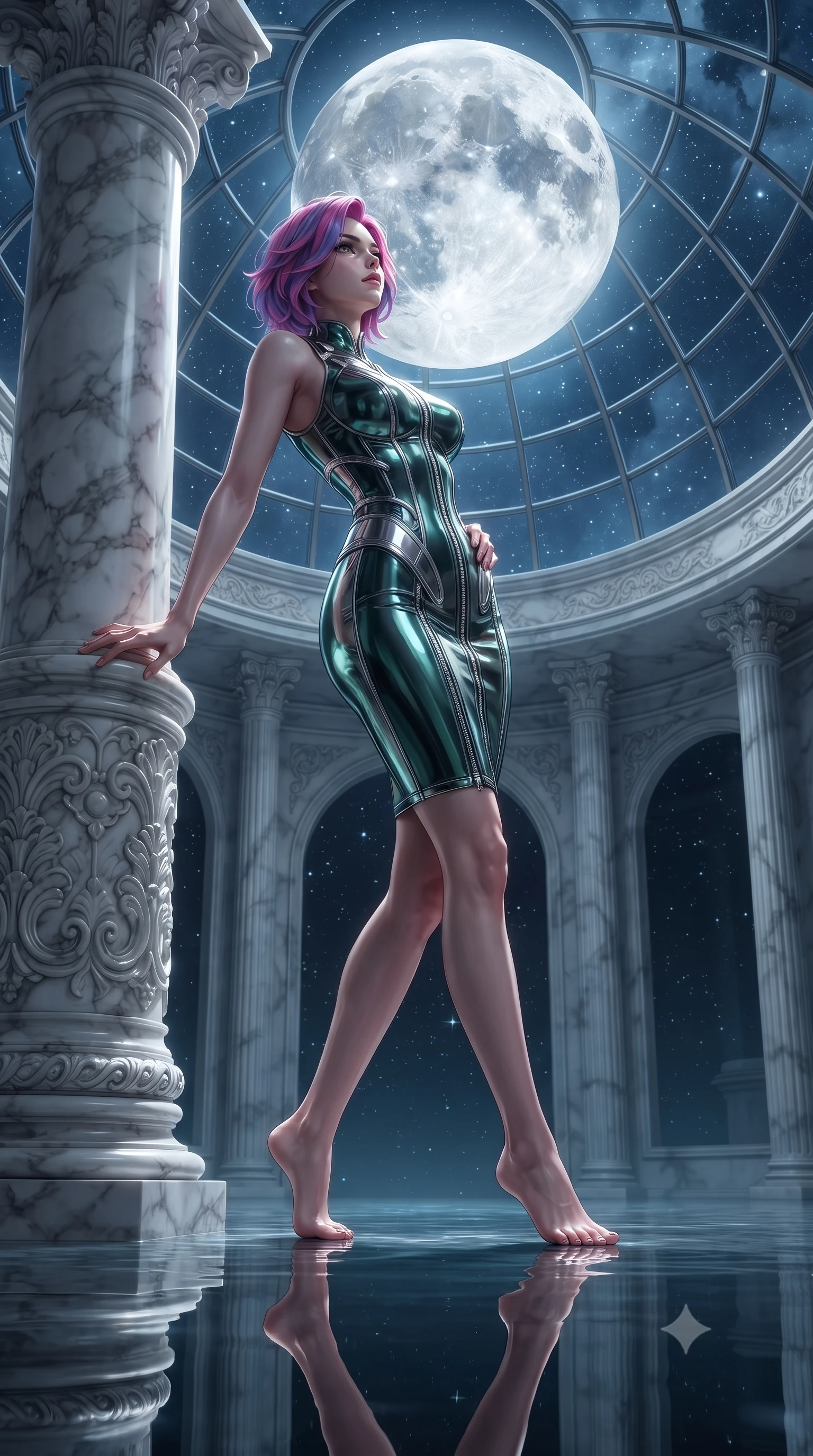 score_9, masterpiece, best quality, ultra-detailed, high-budget anime keyframe, editorial fashion photography, tasteful artistic composition, Caucasian woman. low angle full-body shot from head to toe showing her feet, filling the entire 9:16 vertical frame with her statuesque presence, stretching her vertical silhouette. leaping dynamically through the starry space, her posture full of power and elegance, resting against a carved marble column looking up at a full moon through glass, water surface creating a clear mirror reflection of her statuesque posture. She has an absolutely perfect, statuesque 8.5-heads proportion, an exceptionally tall and slender model-like female figure with impossibly long slender legs and an ultra-slim waist. sharp v-shaped jawline, high-bridge nose, intricate jewel-like eyes with depth, thick eyelashes, glossy lips with a natural sheen. wearing aerodynamic second-skin dark silver metallic bodycon dress in deep emerald green, made of sculpted obsidian metallic chrome, finished with metallic silver boning and sleek zipper points, following her slender form with tailored precision. bathed in subtle lotus bioluminescence and bright marble highlights. ultra-reflective glossy finish, specular highlights, metallic sheen, high-contrast stereoscopic depth, volumetric dynamic lighting, 2k, ultra detail, master piece, 9:16 ratio