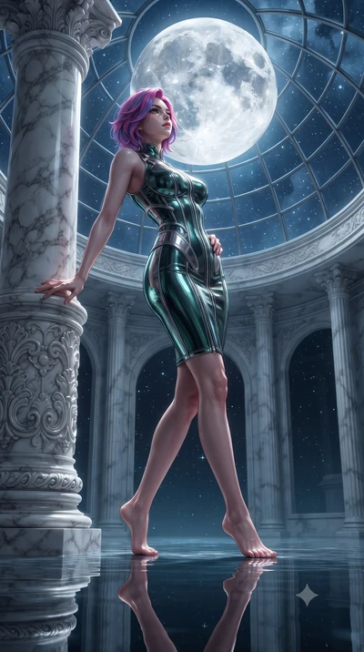 score_9, masterpiece, best quality, ultra-detailed, high-budget anime keyframe, editorial fashion photography, tasteful artistic composition, Caucasian woman. low angle full-body shot from head to toe showing her feet, filling the entire 9:16 vertica