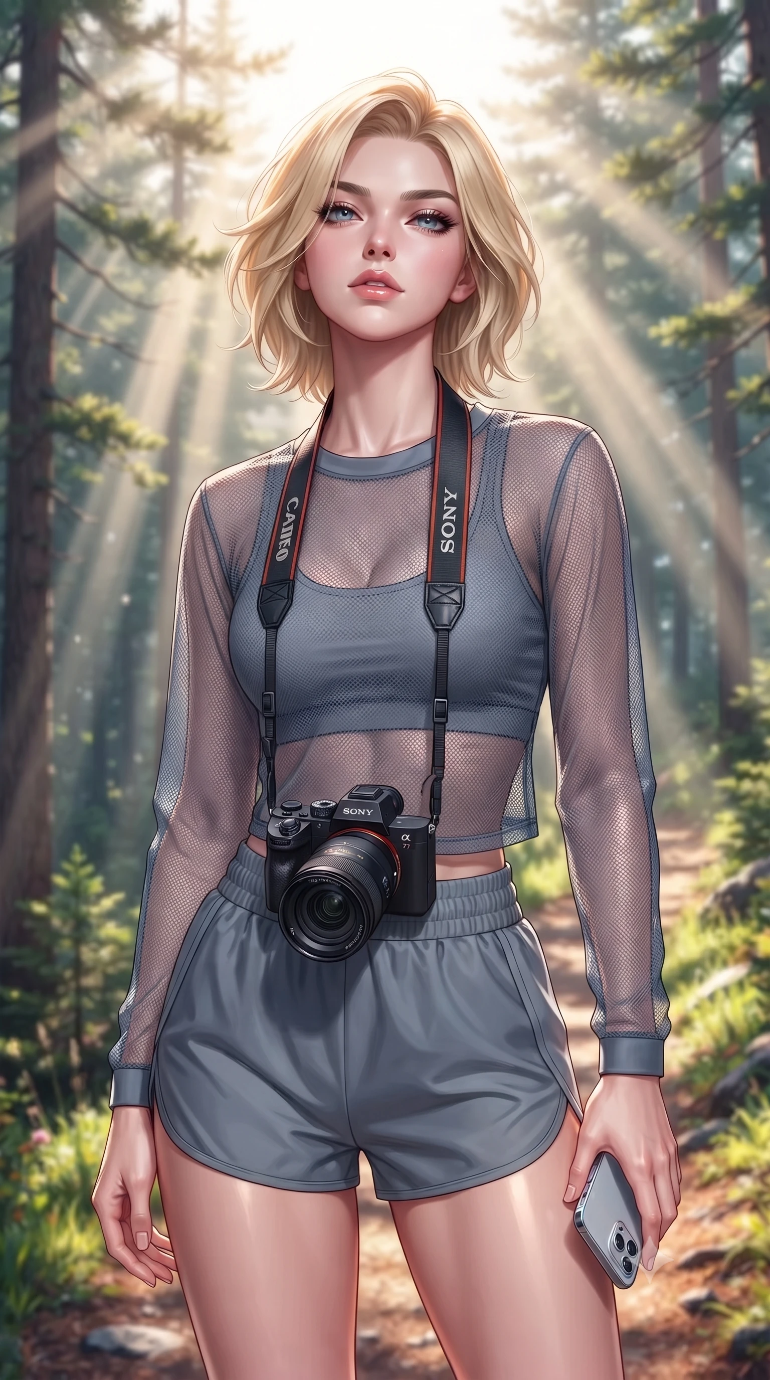 score_9, masterpiece, best quality, ultra-detailed, high-budget anime keyframe, editorial fashion photography, tasteful artistic composition, Caucasian woman. close-up cowboy shot from the waist and thighs up, the character dominates the composition, filling the frame with her large presence, background elements kept in soft focus. tilting her chin up with a composed yet magnetic gaze under long dark eyelashes set against a soft-focus background of along a scenic hiking trail winding through a pine forest with mountain views with a camera strap around her neck and a smartphone in her hand. She has an exceptionally elegant, slender, and willowy female figure with an ultra-slim waist, a gracefully sculpted slender torso, and a refined silhouette. sharp v-shaped jawline, high-bridge nose, intricate jewel-like eyes with depth, thick eyelashes, glossy lips with a natural sheen. wearing tailored sheer mesh athletic top in slate grey, worn over a slim-fit sports bralette and shorts. volumetric sunbeams slicing through the forest trees, creating light rays. highly saturated vibrant anime colors, detailed shading with soft gradients, rich glossy textures, high-contrast stereoscopic depth, volumetric dynamic lighting, master piece, 9:16 ratio
