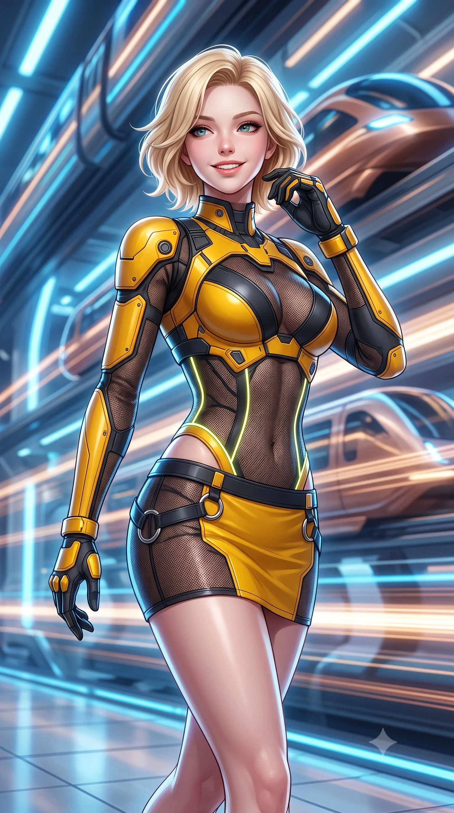 score_9, masterpiece, best quality, ultra-detailed, high-budget anime keyframe, semi-realistic 3D game render, editorial fashion photography, tasteful artistic composition, Caucasian woman. close-up cowboy shot from the waist and thighs up, the character dominates the composition, filling the frame with her large presence. adjusting her tactical glove with cool confidence, her bright smile capturing fresh girlhood charm while her arched torso reveals an intoxicating hip contour while walking dynamically down the illuminated concourse with sovereign grace, her long slender legs and hourglass curves commanding the frame. The background shows a soft-focus multi-tiered magnetic rail tracks and soaring aerodynamic transit pods blurred into electric blue, copper, and champagne bokeh. She has an exceptionally elegant, slender, and willowy female figure with an ultra-slim waist, flat toned midriff, narrow ribcage, and sculpted feminine hips creating an alluring, slim hourglass silhouette without bulk. sharp v-shaped jawline, high-bridge nose, intricate jewel-like sparkling eyes with depth, thick eyelashes, glossy parted lips with a natural sheen, bright confident smile with an enchanting and coquettish sensual glint, exuding both youthful magnetic charm and sovereign high-tech allure, flawlessly proportioned anatomical accuracy, strict slender model proportions, natural body alignment, perfectly sculpted long slender limbs, ultra-slim waistline, clean dynamic posture without body distortion. wearing a modern mecha-suit two-piece set featuring a cropped armored bolero top and micro tactical skirt with chrome rings in industrial hazard yellow and matte carbon black, crafted from sheer technical cyber-lace reinforced with ultra-thin Kevlar threads, accented with glowing neon fiber-optic piping tracing her spine and hip lines, the aerodynamic second-skin silhouette tightly following the natural contour of her hips and long slender legs with youthful 8.5-heads elegance. illuminated by passing train light streaks and sharp platinum rim lights defining her sculpted collarbones, ultra-slim waist, and curvy hips. highly saturated vibrant anime colors, detailed shading with soft gradients, rich glossy textures, high-contrast stereoscopic depth, volumetric dynamic lighting, master piece, 9:16 ratio