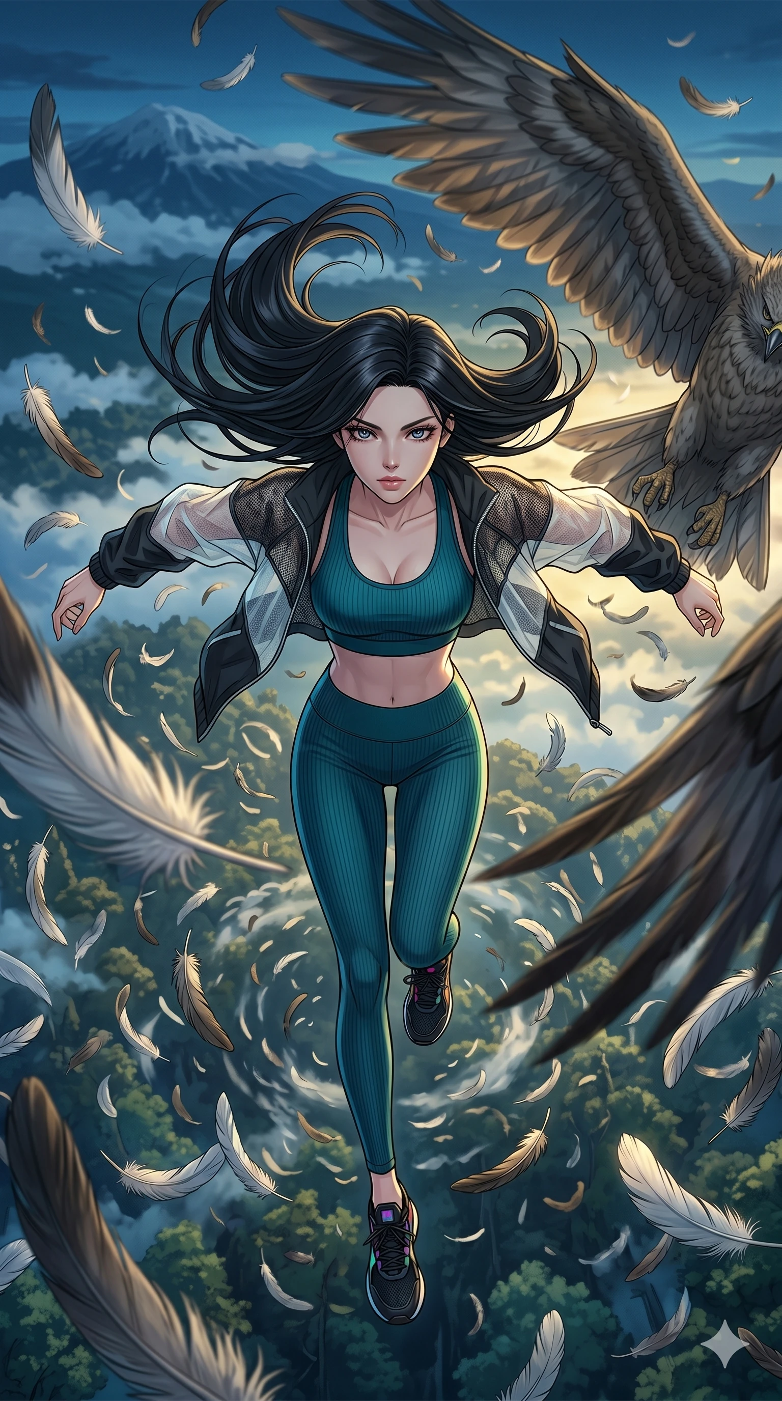 score_9, masterpiece, best quality, ultra-detailed, high-budget anime movie keyframe, cinematic anime lighting, intricate line art, Japanese woman. Extreme high angle shot as she leaps towards the camera, filling the frame. spinning in a storm of feathers as a giant bird wings past. She has an absolutely perfect 8-heads proportion, an exceptionally tall and slender female figure with an ultra-slim waist and impossibly long slender legs. strictly human anatomy, two legs only, no extra limbs, clearly defined legs and arms, perfect anatomy, perfect hands and fingers. sharp v-shaped jawline, high-bridge nose, intricate jewel-like eyes, thick eyelashes, glossy lips. Wearing Premium Athleisure: Ribbed sports bra and leggings set, sheer windbreaker, and sleek high-performance activewear. The scene is illuminated by dramatic atmospheric lighting and vibrant color palettes. , 2k, ultra detail, master piece, 9:16 ratio