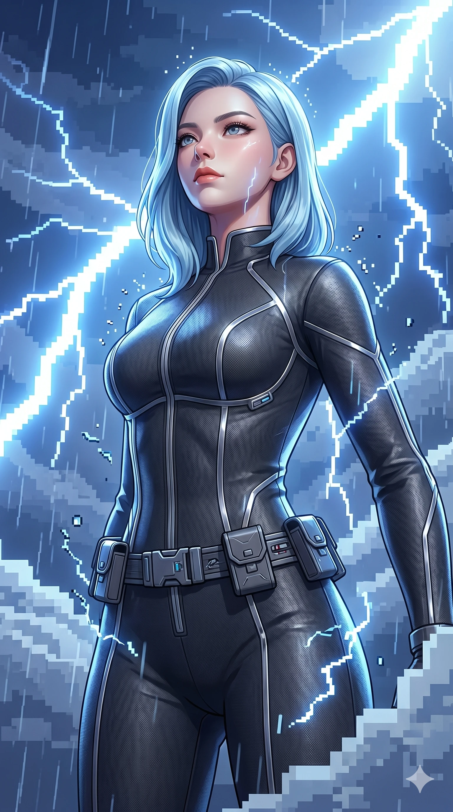 score_9, masterpiece, best quality, ultra-detailed, high-budget anime keyframe, semi-realistic 3D game render, Korean woman. Upper body close-up from the thighs up, character filling the screen for maximum presence. Inside a virtual reality skybox during a pixelated storm, watching the lightning with a determined, confident look. She is wearing a tailored tech-jumpsuit with reflective silver piping and a utility belt. The scene is bathed in the flashing blue and white light of the pixelated lightning. 2k, ultra detail, master piece, 9:16 ratio