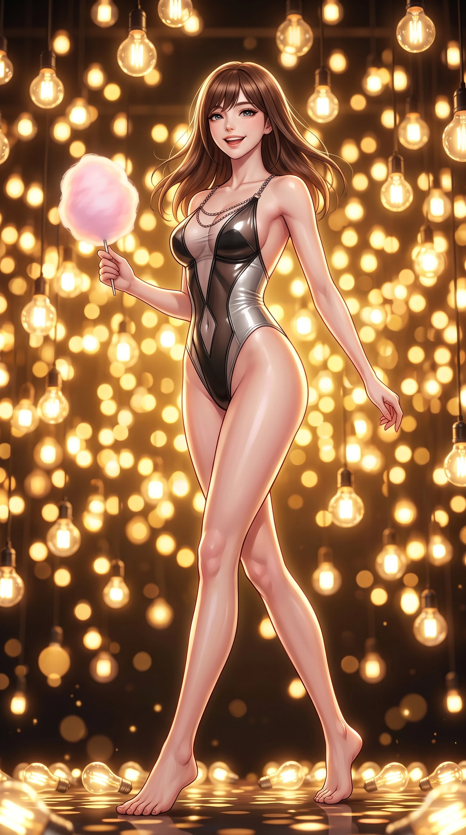 score_9, masterpiece, best quality, ultra-detailed, high-budget anime keyframe, editorial fashion photography, tasteful artistic composition, Korean woman. low angle full-body shot from head to toe showing her feet, filling the entire 9:16 vertical frame with her statuesque presence, stretching her vertical silhouette. forging dynamically through the scene with a happy infectious smile, her ultra-slim waist creating a sweeping curve while pivoting in a cheerful dynamic stride with a cotton candy orb in hand and beaming eyes, thousands of warm vintage light bulbs casting glowing golden circles in soft bokeh. She has an absolutely perfect, statuesque 8.5-heads proportion, an exceptionally tall and slender model-like female figure with impossibly long slender legs and an ultra-slim waist. sharp v-shaped jawline, high-bridge nose, intricate jewel-like eyes with depth, thick eyelashes, glossy lips with a natural sheen, flawlessly proportioned anatomical accuracy, natural body alignment, perfectly sculpted elegant limbs, clean dynamic posture without body distortion. wearing a high-cut translucent vinyl leotard with front paneling and open back in matte black and polished silver, crafted from smooth liquid silk, adorned with delicate metallic chain straps along the neckline, the glove-like fit emphasizing her statuesque silhouette during motion. illuminated by cheerful festive backlighting with soft golden bokeh bubbles. highly saturated vibrant anime colors, detailed shading with soft gradients, rich glossy textures, high-contrast stereoscopic depth, volumetric dynamic lighting, master piece, 9:16 ratio