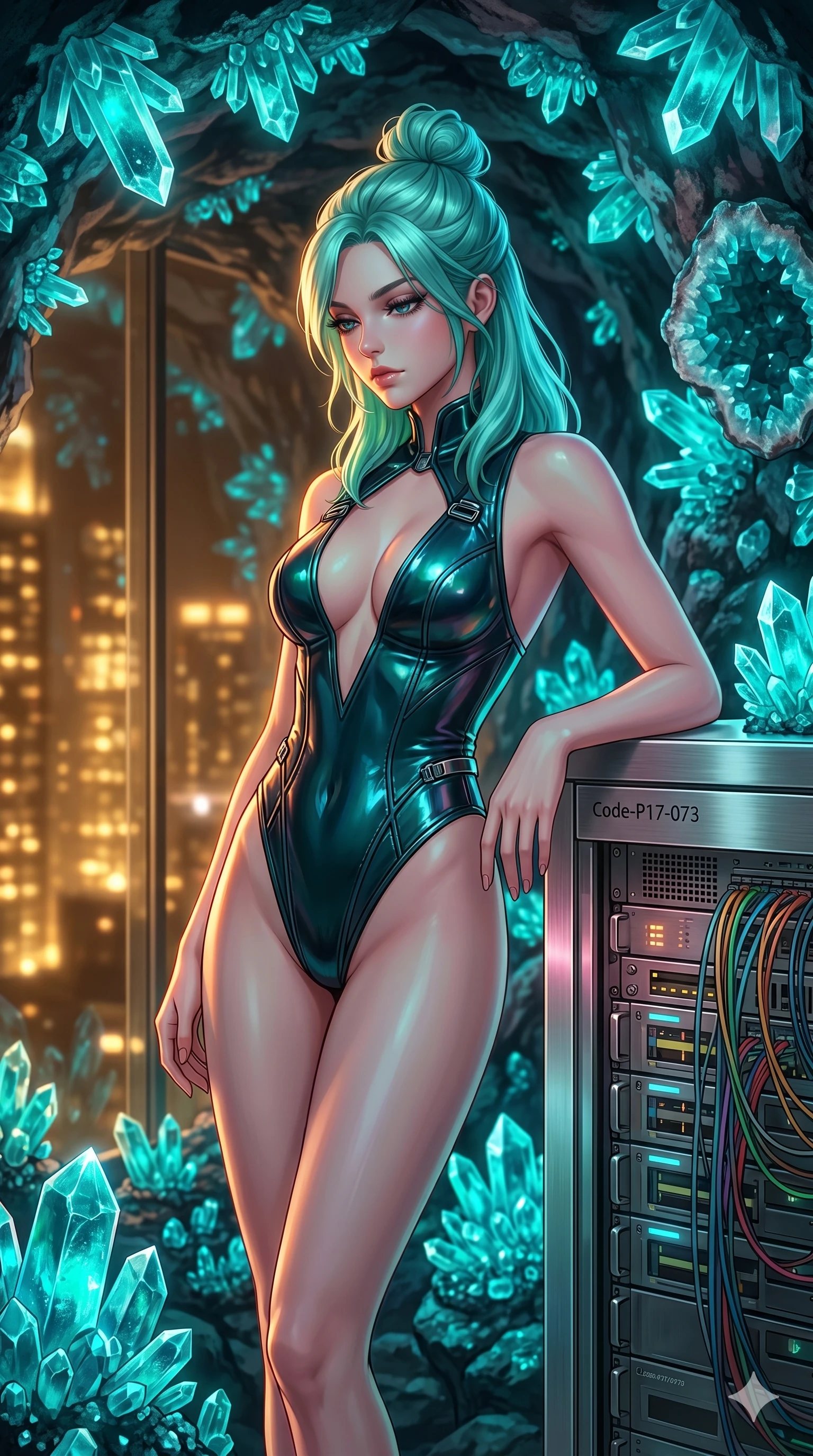 score_9, masterpiece, best quality, ultra-detailed, high-budget anime keyframe, editorial fashion photography, tasteful artistic composition, Japanese woman. cowboy shot from the thighs up, character and outfit filling the frame for maximum editorial presence. leaning against a metal server rack, casting a cool, superior gaze beneath her lashes inside a hidden cave filled with glowing turquoise crystal geodes (Code-P17-073). She has an absolutely perfect 8-heads proportion, an exceptionally tall and slender female figure with impossibly long slender legs and an ultra-slim waist. V-shaped jawline, high-bridge nose, intricate jewel-like eyes with depth, thick eyelashes, glossy lips with a natural sheen. wearing a wet-look vinyl bodysuit with an elegant plunging neckline and high-cut lines. warm glowing city lights filtering through the glass, outlining her V-shaped jawline. 2k, ultra detail, master piece, 9:16 ratio
