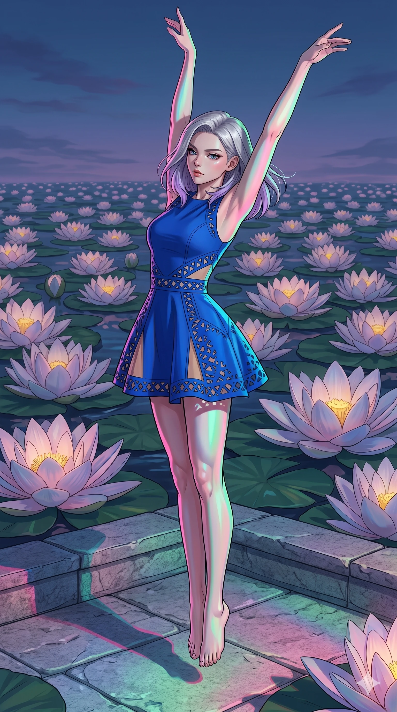 score_9, masterpiece, best quality, ultra-detailed, high-budget anime keyframe, editorial fashion photography, tasteful artistic composition, Caucasian woman, strictly human ears. low angle full-body shot from head to toe showing her feet, filling the entire 9:16 vertical frame with her statuesque presence, stretching her vertical silhouette. Leaping upward with both arms extended overhead, body fully extended atop a stone terrace overlooking an endless sea of giant floating lotus flowers. She has an absolutely perfect 8-heads proportion, an exceptionally tall and slender female figure with impossibly long slender legs and an ultra-slim waist. V-shaped jawline, high-bridge nose, intricate jewel-like eyes with depth, thick eyelashes, glossy lips with a natural sheen. wearing a cobalt blue structured mini dress featuring intricate laser-cut geometric patterns along the waist and hem, lined with nude-toned fabric. lit by high-contrast holographic projection lighting with vivid colored shadows that define her form. 2k, ultra detail, master piece, 9:16 ratio