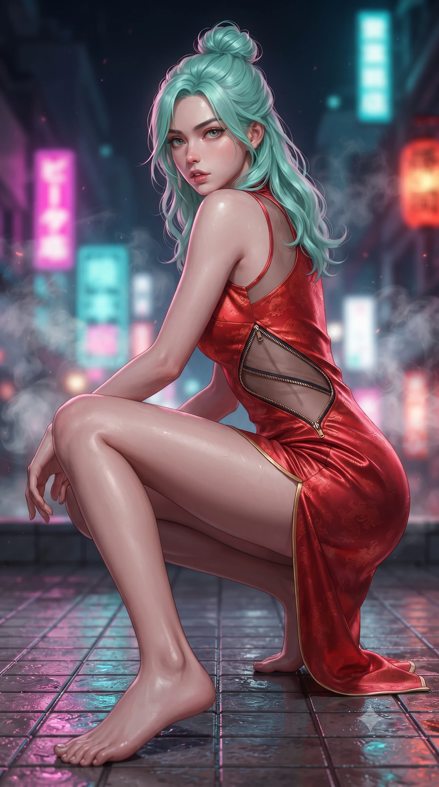 score_9, masterpiece, best quality, ultra-detailed, high-budget anime keyframe, editorial fashion photography, tasteful artistic composition, Japanese woman. low angle full-body shot from head to toe showing her feet, filling the entire 9:16 vertical frame with her statuesque presence, stretching her vertical silhouette. striding forward in a proud supermodel runway stride, hips swaying in an alluring kinetic rhythm that accentuates her curvy hourglass silhouette while crouching low on the wet tiled rooftop terrace with back turned slightly to the lens, glancing back with smoldering bedroom-eyes and parted lips. The composition keeps background elements in soft focus with creamy bokeh. swirling tea steam vapors and glowing neon kanji signs blurred into electric magenta, turquoise, and lantern-scarlet bokeh. She has an absolutely perfect, statuesque 8.5-heads proportion, an exceptionally tall and slender model-like female figure with impossibly long slender legs, a toned flat midriff, an ultra-slim waist, and beautifully sculpted feminine hips. sharp v-shaped jawline, high-bridge nose, intricate jewel-like eyes with depth, thick eyelashes, glossy parted lips with a natural sheen, intensely captivating and seductive bedroom-eyes expression, flawlessly proportioned anatomical accuracy, strict slender model proportions, natural body alignment, perfectly sculpted long slender limbs, ultra-slim waistline, clean dynamic posture without body distortion. wearing a form-contouring wet-look silk wrap dress with asymmetrical sheer mesh cutouts in imperial vermilion red and liquid gold, tailored from smooth liquid silk satin with subtle dragon jacquard, accented with diagonal metal zippers running across the side-waist cutouts, the glove-like aerodynamic silhouette tightly following the natural contour of her hips and long slender legs with statuesque precision. surrounded by an enigmatic, sultry, and breathtakingly hypnotic cyber-femme fatale aura. ultra-reflective glossy finish, specular highlights, rich textural contrasts, high-contrast stereoscopic depth, volumetric dynamic lighting, 2k, ultra detail, master piece, 9:16 ratio