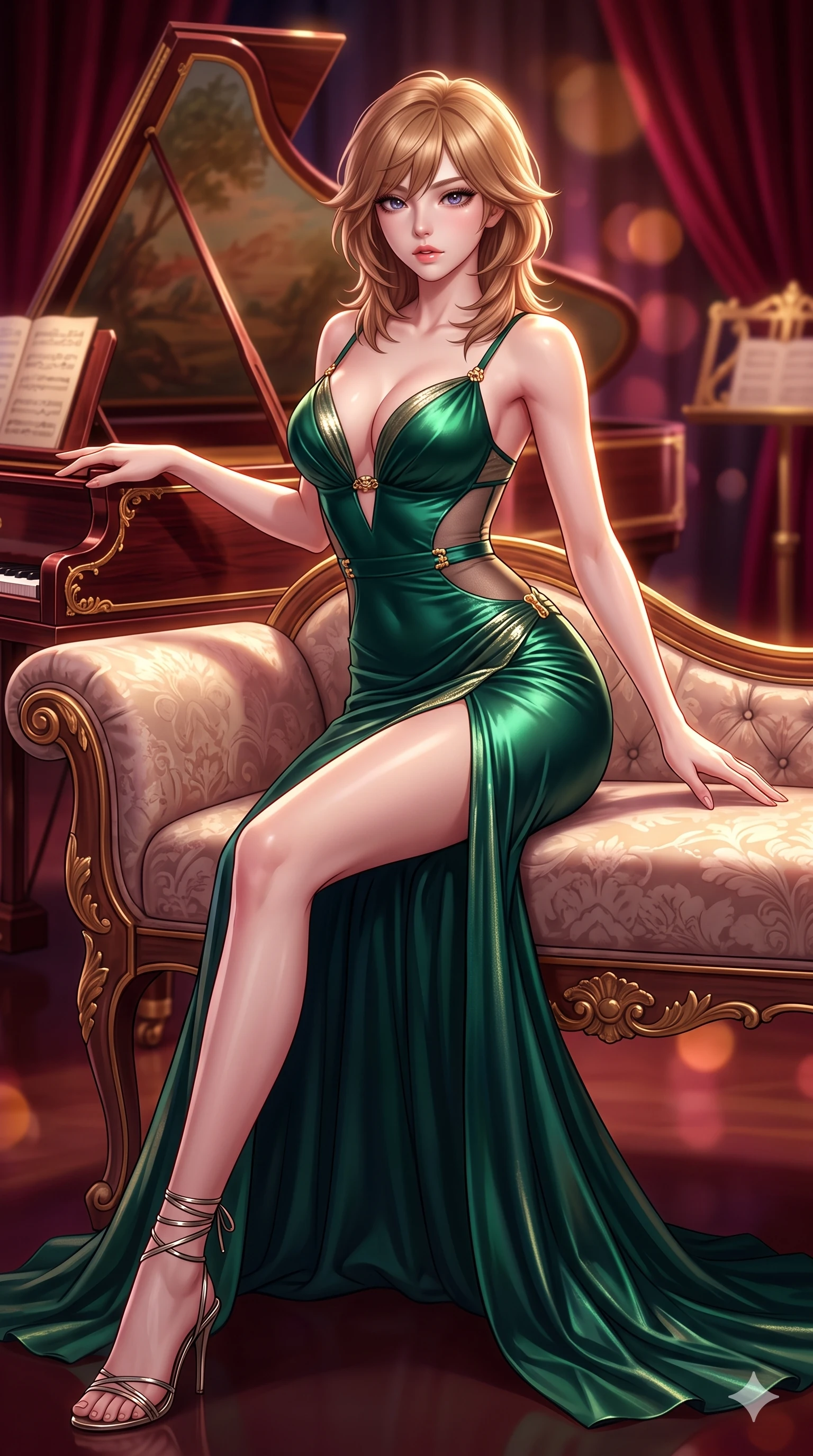 score_9, masterpiece, best quality, ultra-detailed, high-budget anime keyframe, semi-realistic 3D game render, editorial fashion photography, tasteful artistic composition, Korean woman. low angle full-body shot from head to toe showing her feet, filling the entire 9:16 vertical frame with her statuesque presence, stretching her vertical silhouette. reclining gracefully across the plush chaise lounge with one leg extended, her sculpted silhouette and flat midriff radiating magnetic nocturnal glamour while lounging poised beside the mirror-polished rosewood harpsichord, arching her spine with dancer-like elegance while resting one hand on the gilded instrument lid. The background shows a soft-focus hand-painted harpsichord soundboard, heavy ruby-velvet drapes, and gilded music stands blurred into ruby, rosewood, and amber bokeh. She has an exceptionally tall and slender model-like 8.5-heads proportion, an ultra-slim waist, a flat toned midriff, narrow delicate ribcage, and beautifully sculpted feminine hips creating a graceful, slim hourglass silhouette without any bulky heaviness, with impossibly long slender legs. sharp v-shaped jawline, high-bridge nose, intricate jewel-like sparkling eyes with depth, thick eyelashes, glossy parted lips with a natural sheen, intensely captivating and seductive bedroom-eyes expression, exuding both youthful cute charm and sovereign luxury allure, flawlessly proportioned anatomical accuracy, strict slender model proportions, natural body alignment, perfectly sculpted long slender limbs, ultra-slim waistline, clean dynamic posture without body distortion. wearing an alluring plunging sweetheart bodice dress with sheer mesh side-waist cutouts contouring her ribs in deep emerald green satin and gold hardware accents, crafted from luxurious metallic lamé that shifts radiance with every step, complemented by strappy stiletto sandals with metallic ankle wraps accentuating her slender calves, the form-contouring material adhering flawlessly to her sculpted flat midriff and slender torso, emphasizing her long leg lines and perfectly proportioned willowy build. illuminated by polished rosewood bounce and sharp amber-gold rim lights sculpting her razor-sharp jawline, narrow waist, and curvy hips. highly saturated vibrant anime colors, detailed shading with soft gradients, rich glossy textures, high-contrast stereoscopic depth, volumetric dynamic lighting, master piece, 9:16 ratio