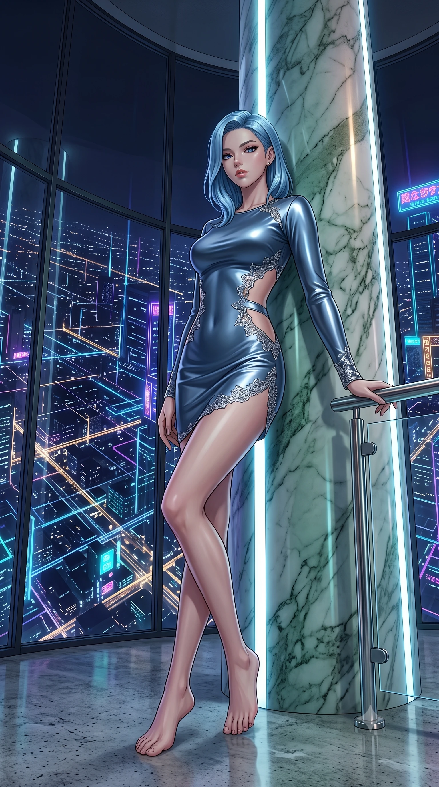 score_9, masterpiece, best quality, ultra-detailed, High-budget Anime Keyframe, East Asian woman. Low angle cowboy shot filling the entire 9:16 frame with her statuesque presence. Scenario 286: leaning against a cold marble pillar inside a luxury penthouse with floor-to-ceiling glass walls overlooking a neon grid. Her presence is magnetic and overpowering in this high-budget anime scene. Outfit 286: a slim-fit molten liquid silk liquid with a strategic side cut-outs and delicate lace embroidery. The clothing is designed to emphasize her exceptionally tall and slender 8-heads proportion. 8-heads proportion, towering silhouette, ultra-slim waist. sharp v-shaped jawline, intricate jewel-like eyes with depth, thick eyelashes, glossy lips. 2k, ultra detail, master piece, 9:16 ratio