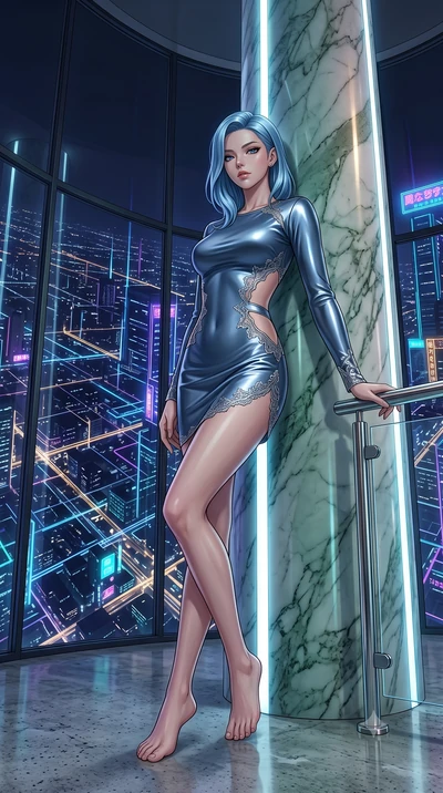 score_9, masterpiece, best quality, ultra-detailed, High-budget Anime Keyframe, East Asian woman. Low angle cowboy shot filling the entire 9:16 frame with her statuesque presence. Scenario 286: leaning against a cold marble pillar inside a luxury pen