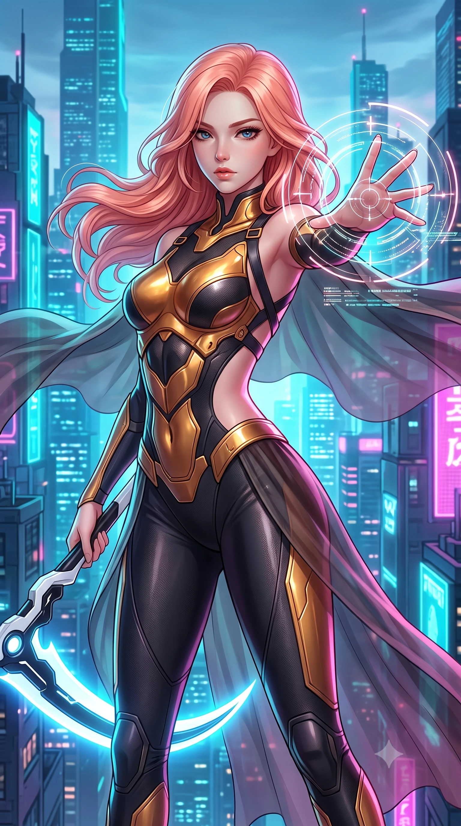 score_9, masterpiece, best quality, ultra-detailed, high-budget anime keyframe, semi-realistic 3D game render, editorial fashion photography, tasteful artistic composition, Japanese woman. close-up cowboy shot from the waist and thighs up, the character dominates the composition, filling the frame with her large presence. extending one arm gracefully as glowing holographic targeting reticles and data streams orbit her fingertips with sovereign power while arching her spine in a fluid combat stance as high-altitude winds billow her sheer tactical cape against the glowing city skyline. The surrounding environment is rendered in vivid detail and crisp panoramic clarity. high-contrast tactical chiaroscuro and atmospheric cyberpunk urban textures captured with precision. She has an exceptionally elegant, slender, and willowy female figure with an ultra-slim waist, a gracefully sculpted slender torso, toned flat midriff, and a refined slim silhouette. sharp v-shaped jawline, high-bridge nose, intricate jewel-like eyes with depth, thick eyelashes, glossy lips with a natural sheen, flawlessly proportioned anatomical accuracy, strict slender model proportions, natural body alignment, perfectly sculpted long slender limbs, ultra-slim waistline, clean dynamic posture without body distortion. wearing a sculpted molten-gold and dark carbon cuirass paired with high-mobility combat leggings and sheer side drapes, wielding a glowing plasma energy scythe with fluid grace in monochrome white enamel carbon with high-contrast black panels, made of liquid carbon-jersey fabric adhering flawlessly to her sculpted silhouette, complemented by criss-cross back harness straps highlighting her completely bare spine, the form-contouring material adhering flawlessly to her sculpted flat midriff and slender torso, emphasizing her long leg lines and perfectly proportioned willowy build. bathed in vivid high-contrast neon cyan and magenta city backlighting with electric blade glow. rich saturated anime colors with glowing neon highlights, detailed shading with soft gradients, rich glossy textures, high-contrast stereoscopic depth, volumetric dynamic lighting, master piece, 9:16 ratio