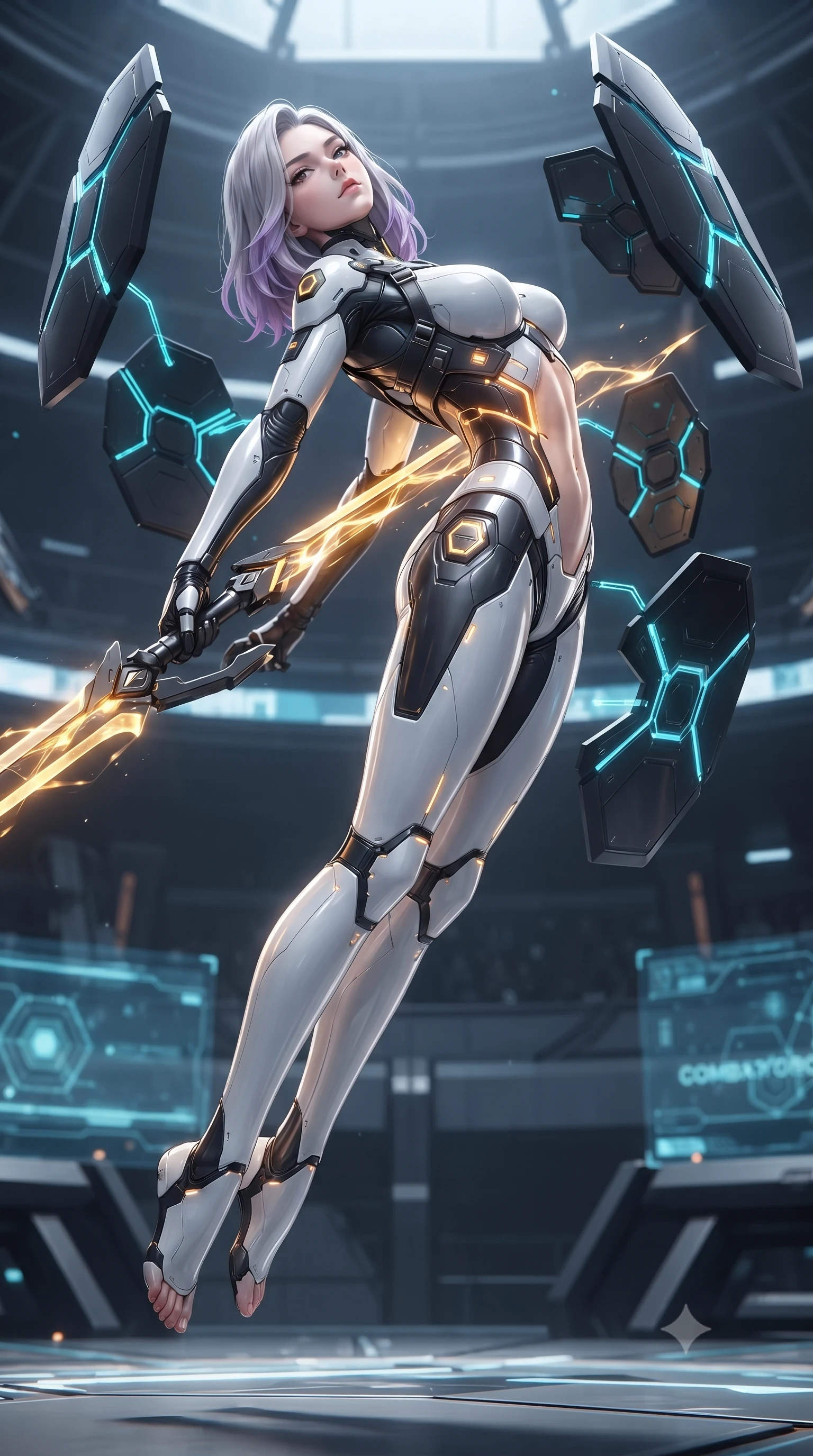 score_9, masterpiece, best quality, ultra-detailed, high-budget anime keyframe, editorial fashion photography, tasteful artistic composition, Caucasian woman. low angle full-body shot from head to toe showing her feet, filling the entire 9:16 vertical frame with her statuesque presence, stretching her vertical silhouette. arching her back gracefully in mid-air during a dynamic combat vault, her weapon energy trail framing her statuesque presence while arching her spine in a fluid motion as glowing golden energy channels along the broad blade illuminate her sculpted torso. The surrounding environment is rendered in vivid detail and crisp panoramic clarity. sharp titanium crossguard engravings, arena holographic projector nodes, and armor plating seams in high clarity. She has an absolutely perfect, statuesque 8.5-heads proportion, an exceptionally tall and slender model-like female figure with impossibly long slender legs, a toned flat midriff, and an ultra-slim waist. sharp v-shaped jawline, high-bridge nose, intricate jewel-like eyes with depth, thick eyelashes, glossy lips with a natural sheen, flawlessly proportioned anatomical accuracy, strict slender model proportions, natural body alignment, perfectly sculpted long slender limbs, ultra-slim waistline, clean dynamic posture without body distortion. wearing a high-contrast monochrome white-and-black carbon-composite exoskeleton suit with glowing amber circuitry, deploying floating hexagonal holographic energy shields with sovereign grace in matte obsidian carbon black with electric cyan conduits, made of lightweight aerodynamic carbon-titanium alloy with polished edge bevels, reinforced by a sleek titanium tactical harness and glowing micro-energy straps, the liquid-tight tailored fabric emphasizing every curve of her tall, slender model proportions and sculptured silhouette during dynamic movement. illuminated by sharp specular highlights tracing her ultra-slim waist, long legs, and flat midriff. ultra-reflective glossy finish, specular highlights, dark metallic sheen, high-contrast stereoscopic depth, volumetric dynamic lighting, 2k, ultra detail, master piece, 9:16 ratio