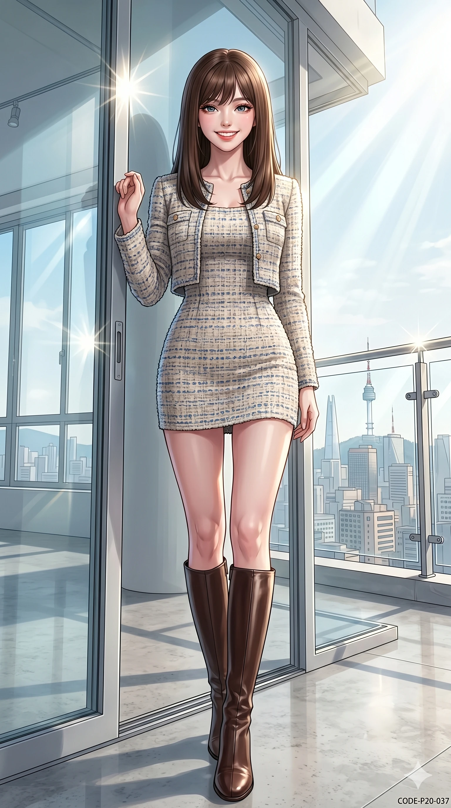 score_9, masterpiece, best quality, ultra-detailed, high-budget anime keyframe, vibrant anime aesthetic, Korean woman. low angle full-body shot from head to toe showing her feet, filling the entire 9:16 vertical frame with her statuesque presence, stretching her vertical silhouette. She is leaning against a glass door, looking at the camera with a bright, friendly smile inside a bright, spacious loft apartment with large windows showing a sunny skyline (Code-P20-037). She has an absolutely perfect 8-heads proportion, an exceptionally tall and slender female figure with impossibly long slender legs and an ultra-slim waist. V-shaped jawline, high-bridge nose, intricate jewel-like eyes with depth, thick eyelashes, glossy lips with a natural sheen. wearing a chic bouclé dress with a cropped jacket and leather boots. She is bright sunbeams casting soft highlights on her athletic form at the terrace. 2k, ultra detail, master piece, 9:16 ratio