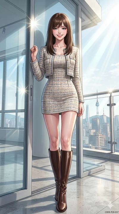 score_9, masterpiece, best quality, ultra-detailed, high-budget anime keyframe, vibrant anime aesthetic, Korean woman. low angle full-body shot from head to toe showing her feet, filling the entire 9:16 vertical frame with her statuesque presence, st