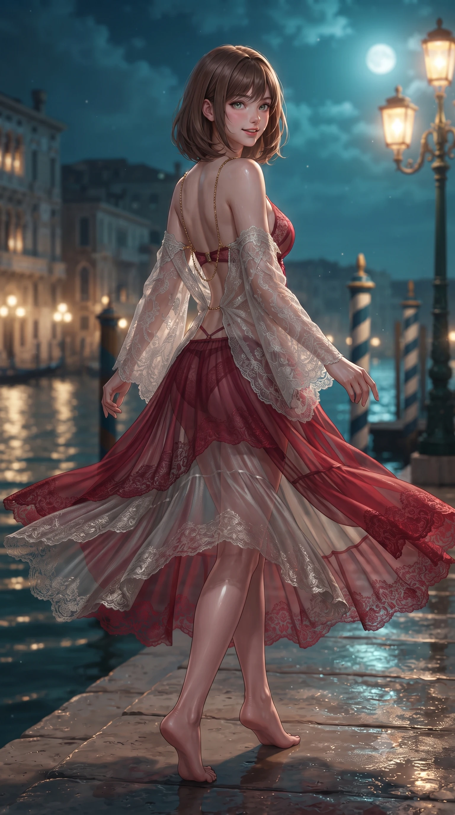 score_9, masterpiece, best quality, ultra-detailed, high-budget anime keyframe, editorial fashion photography, tasteful artistic composition, Caucasian woman. low angle full-body shot from head to toe showing her feet, filling the entire 9:16 vertical frame with her statuesque presence, stretching her vertical silhouette. executing a slow, graceful pivot turn as her skirt sways around her slender legs, glancing back with an enchanting, teasing sensual expression while walking slowly down the water loggia with supermodel poise, nocturnal lagoon breezes fluttering her sheer gown around her slender legs. The background shows a soft-focus illuminated Baroque palazzi reflecting on dark Grand Canal waters, striped mooring poles, and moonlit Venetian mist blurred into turquoise, gold, and sapphire bokeh. She has an exceptionally tall and slender model-like 8.5-heads proportion, an ultra-slim waist, a flat toned midriff, narrow delicate ribcage, and beautifully sculpted feminine hips creating a graceful, slim hourglass silhouette without any bulky heaviness, with impossibly long slender legs. sharp v-shaped jawline, high-bridge nose, intricate jewel-like sparkling eyes with depth, thick eyelashes, glossy parted lips with a natural peach sheen, bright cheerful beaming smile with an enchanting and coquettish sensual glint, exuding both youthful cute charm and seductive allure, flawlessly proportioned anatomical accuracy, strict slender model proportions, natural body alignment, perfectly sculpted long slender limbs, ultra-slim waistline, clean dynamic posture without body distortion. wearing a delicate sheer lace boudoir robe worn loose and slipping off bare shoulders over a matching strappy bralette and briefs in Venetian baroque ruby red and antique starlight silver, crafted from fluid liquid silk satin that clings smoothly to her narrow waist and rounded hips with a dewy sheen, accented with an open-back drape framed by falling strands of delicate gold chains, the form-contouring silhouette accentuating her sculpted flat midriff, narrow delicate ribcage, and gracefully curvy hips with intoxicating allure. bathed in the flickering golden glow of historic gas-lamp style canal lanterns mixed with ethereal silver moonlight. ultra-reflective glossy finish, specular highlights, rich textural contrasts, high-contrast stereoscopic depth, volumetric dynamic lighting, 2k, ultra detail, master piece, 9:16 ratio
