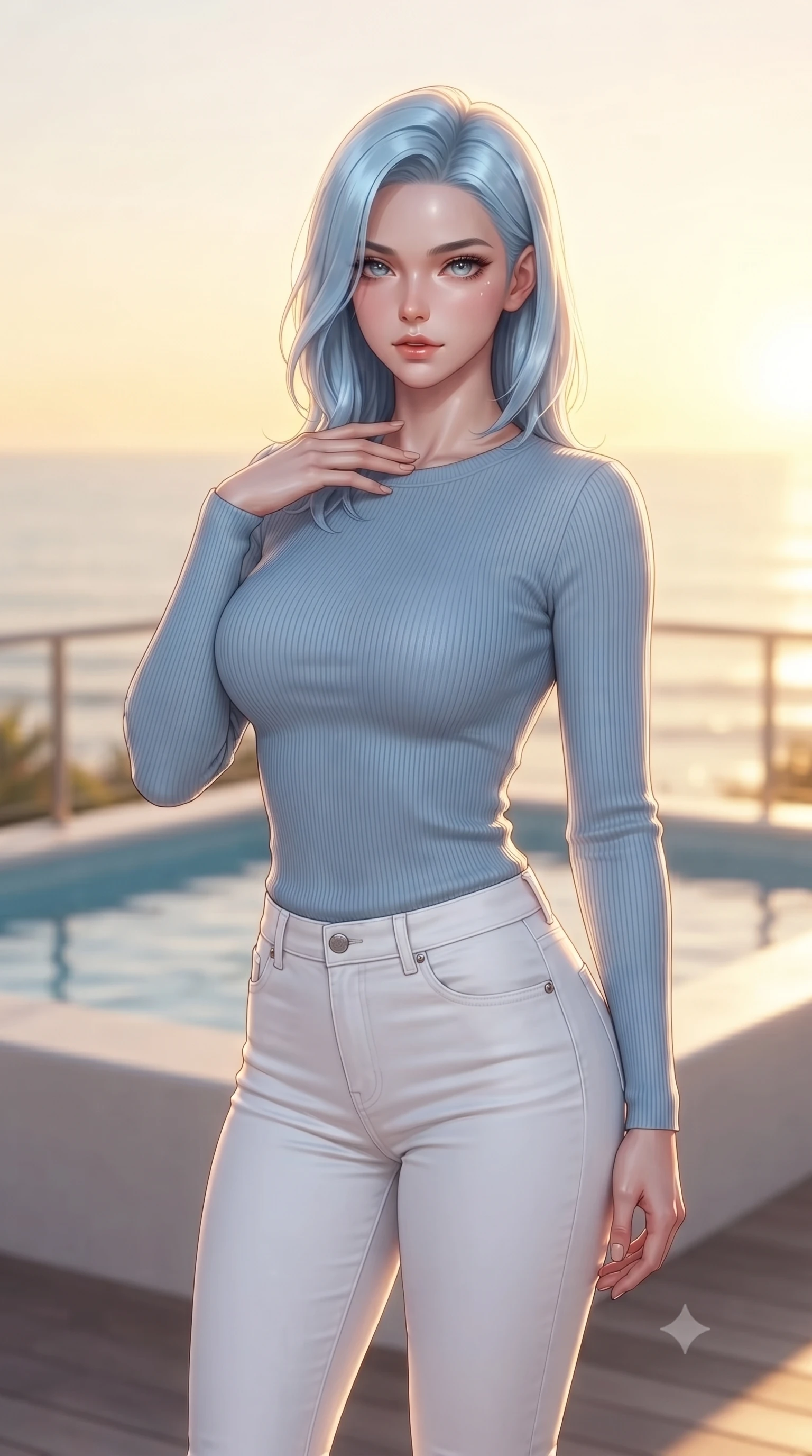 score_9, masterpiece, best quality, ultra-detailed, high-budget anime keyframe, editorial fashion photography, tasteful artistic composition, Korean woman woman. close-up cowboy shot from the waist and thighs up, the character dominates the composition, filling the frame with her large presence, background elements kept in soft focus. standing with one hand resting on her collarbone, looking at the viewer with bedroom-eyes the background shows a soft-focus a private splash pool on the balcony of a beach villa, looking at ocean horizon. She has an exceptionally elegant, slender, and willowy female figure with an ultra-slim waist, a gracefully sculpted slender torso, and a refined silhouette. sharp v-shaped jawline, high-bridge nose, intricate jewel-like eyes with depth, thick eyelashes, glossy lips with a natural sheen. wearing a slim-fit body-hugging light blue ribbed long-sleeve top paired with tight white denim pants. brilliant golden hour sunset tracing her silhouette with a soft glowing rim light. ultra-reflective glossy finish, specular highlights, metallic sheen, high-contrast stereoscopic depth, volumetric dynamic lighting, 2k, ultra detail, master piece, 9:16 ratio