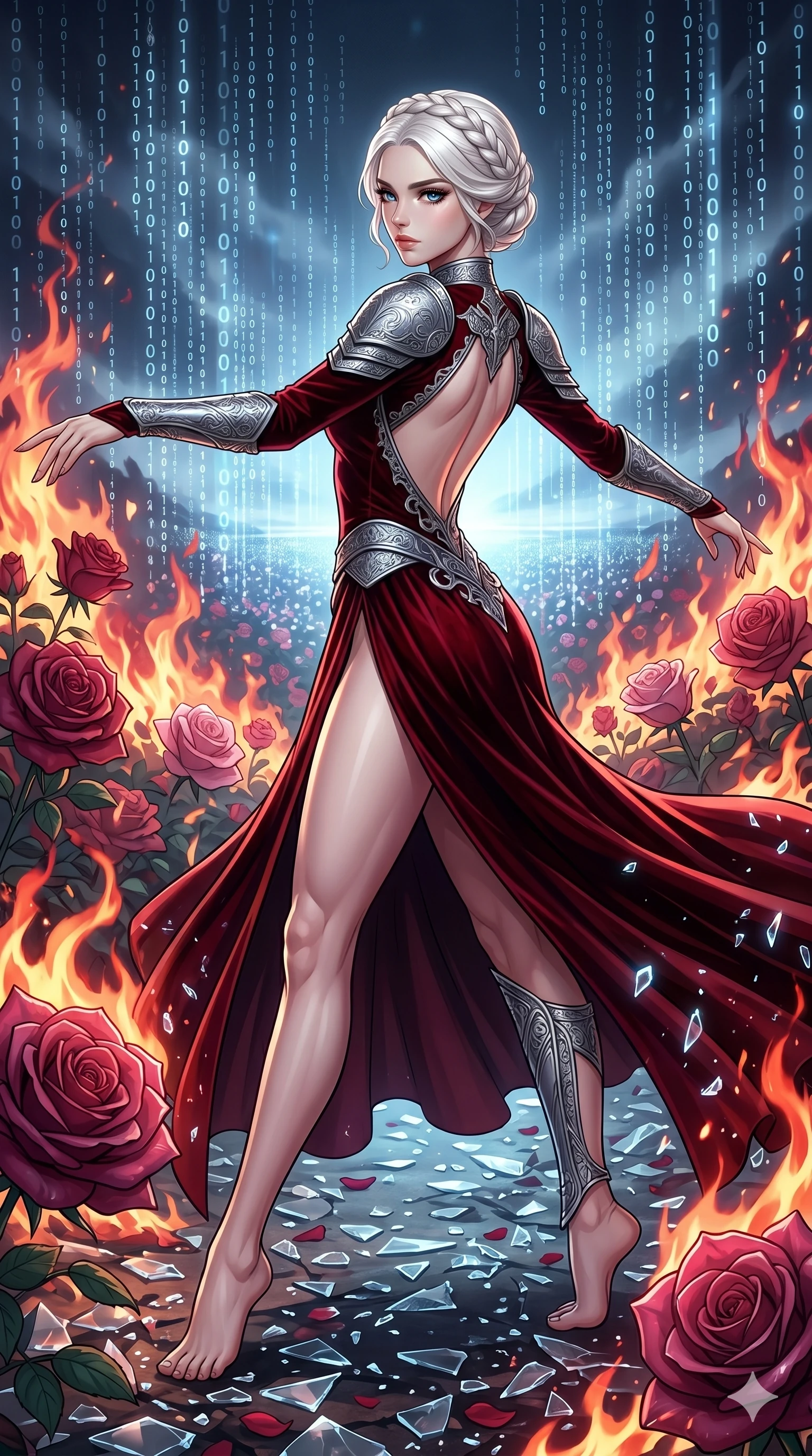 score_9, masterpiece, best quality, ultra-detailed, Set A: High-budget Anime Keyframe, Korean woman. Upper body close-up from the thighs up, character filling the screen for maximum presence. Dancing through a burning rose garden, while a digital blizzard of 139 bits obscures the horizon and surrounded by shattered glass fragments. She has an absolutely perfect 8-heads proportion, an exceptionally tall and slender female figure with impossibly long slender legs and an ultra-slim waist. Sharp v-shaped jawline, high-bridge nose, intricate jewel-like eyes with depth, thick eyelashes, glossy lips with a natural sheen. Wearing Backless velvet gown with silver engraved plate armor pieces and a high side slit. Cinematic lighting, vibrant colors, dramatic shadows, 2k, ultra detail, master piece, 9:16 ratio