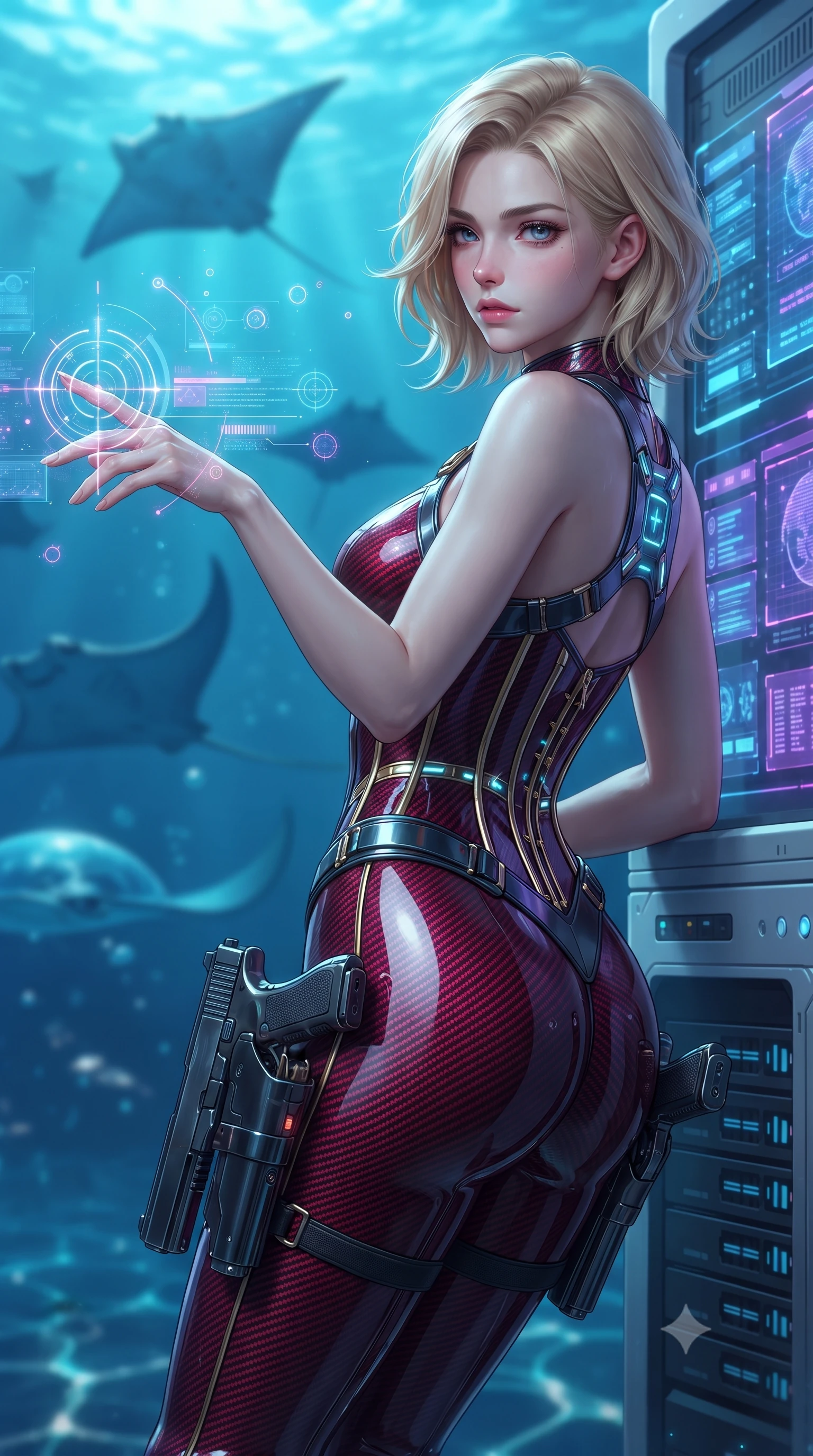 score_9, masterpiece, best quality, ultra-detailed, high-budget anime keyframe, editorial fashion photography, tasteful artistic composition, Caucasian woman. close-up cowboy shot from the waist and thighs up, the character dominates the composition, filling the frame with her large presence. extending one arm gracefully as glowing holographic targeting reticles and data streams orbit her fingertips with sovereign power while leaning against a glowing server bank with twin pistols lowered, glancing over her shoulder with an alluring, bedroom-eyed gaze. The composition keeps background elements in soft focus with creamy bokeh. swimming deep-sea manta rays and aquatic dome water ripples blurred into rich sapphire, cyan, and indigo bokeh. She has an exceptionally elegant, slender, and willowy female figure with an ultra-slim waist, a gracefully sculpted slender torso, toned flat midriff, and a refined slim silhouette. sharp v-shaped jawline, high-bridge nose, intricate jewel-like eyes with depth, thick eyelashes, glossy lips with a natural sheen, flawlessly proportioned anatomical accuracy, strict slender model proportions, natural body alignment, perfectly sculpted long slender limbs, ultra-slim waistline, clean dynamic posture without body distortion. wearing a precision-tailored high-fashion carbon-fiber corset bodysuit with gold mechanical rib boning, wielding a glowing energy katana with royal elegance in deep crimson carbon weave with specular dark chrome accents, formed from high-gloss patent carbon-plating with specular chiaroscuro reflections, reinforced by a sleek titanium tactical harness and glowing micro-energy straps, the liquid-tight tailored fabric emphasizing every curve of her tall, slender model proportions and sculptured silhouette during dynamic movement. bathed in luminous sapphire and cyan aquatic backlighting with glittering water surface caustics. ultra-reflective glossy finish, specular highlights, dark metallic sheen, high-contrast stereoscopic depth, volumetric dynamic lighting, 2k, ultra detail, master piece, 9:16 ratio