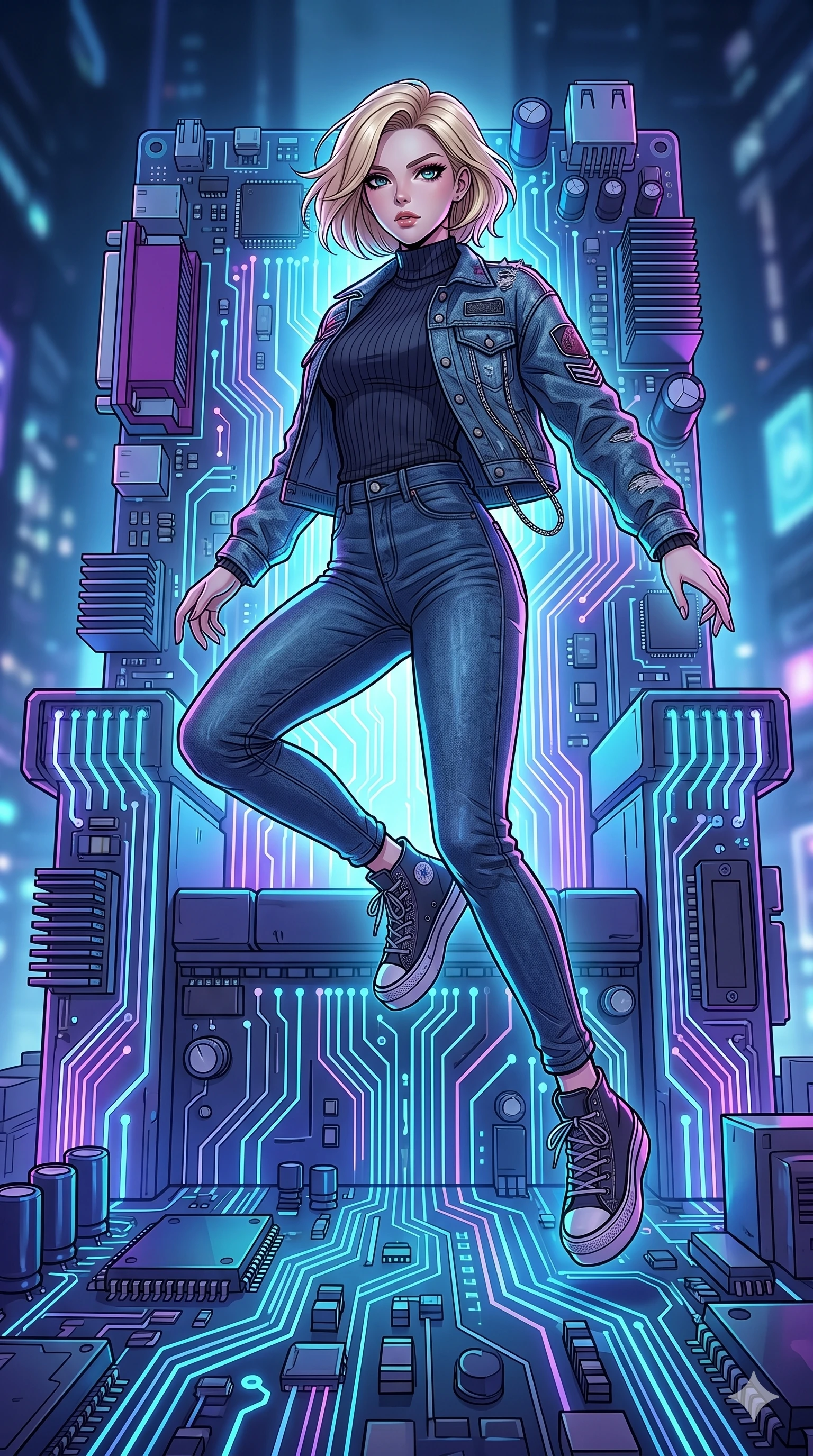 score_9, masterpiece, best quality, ultra-detailed, high-budget anime movie keyframe, cinematic anime lighting, intricate line art, Caucasian (strictly human ears) woman. Dynamic full-body shot stretching the vertical silhouette with extreme perspective. leaping over a giant logic-board throne as it pulses with power. She has an graceful and slender female figure with elegant proportions. strictly human anatomy, two legs only, no extra limbs, clearly defined legs and arms, well-defined anatomy, perfect hands and fingers. sharp v-shaped jawline, high-bridge nose, intricate jewel-like eyes, thick eyelashes, glossy lips. Wearing Urban Trendsetter: Stylish urban outfit with a fitted top, high-waist denim, and a trendy jacket. The scene is illuminated by dramatic atmospheric lighting and vibrant color palettes. , 2k, ultra detail, master piece, 9:16 ratio