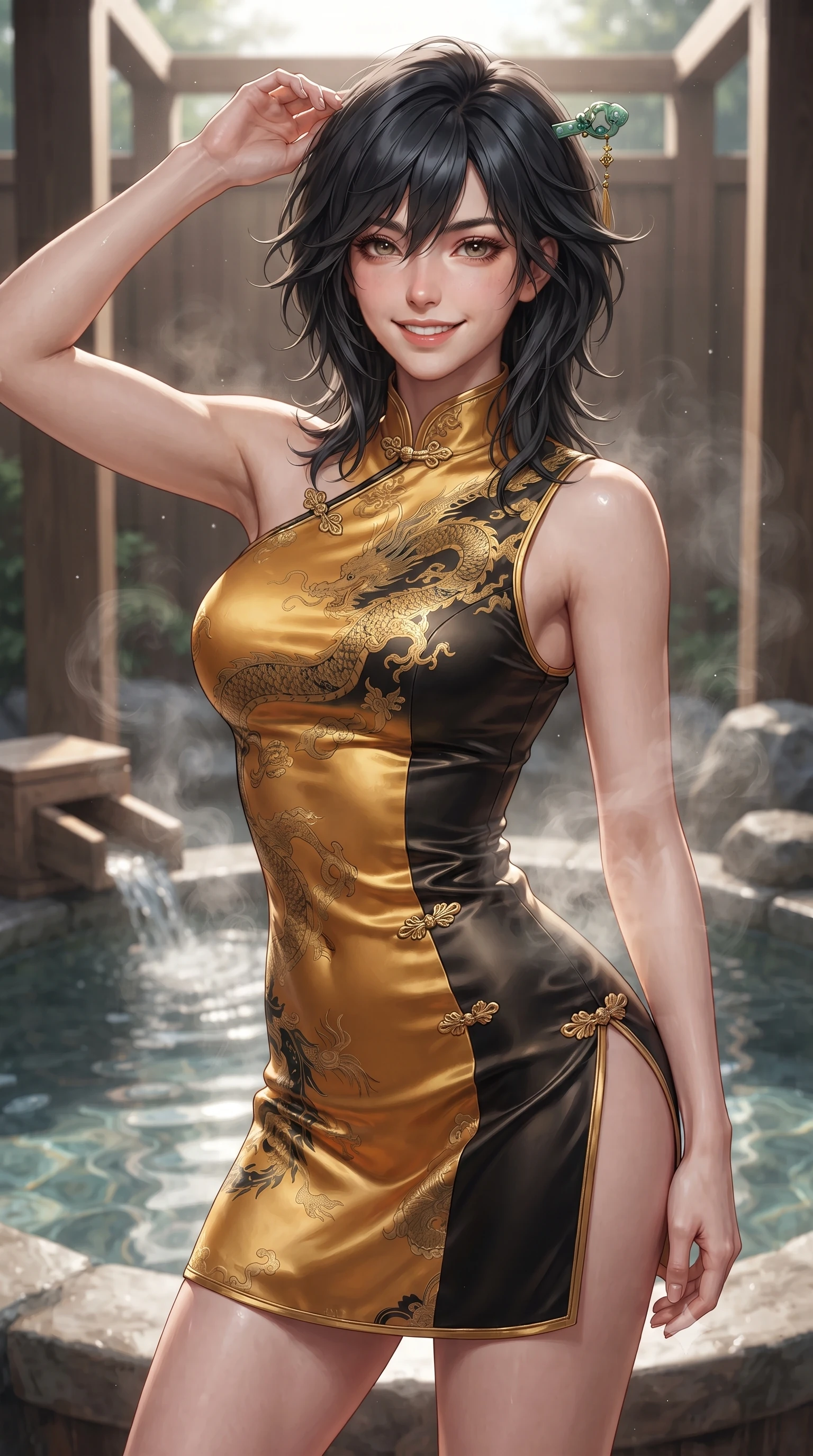 score_9, masterpiece, best quality, ultra-detailed, high-budget anime keyframe, editorial fashion photography, tasteful artistic composition, Caucasian woman. close-up cowboy shot from the waist and thighs up, the character dominates the composition, filling the frame with her large presence. tilting her head with an alluring smile while arching her spine with dancer poise, one hand touching her ornate jade hairpin in a flirtatious S-curve while twisting her slender torso in an alluring contrapposto stance, rising mineral steam curling around her flat midriff and rounded feminine hips. The surrounding environment is rendered in vivid detail and crisp panoramic clarity: sharp hinoki cypress wood grain, natural stone tub textures, and crystal-clear steaming spring water ripples in deep focus. She has an exceptionally elegant, slender, and willowy female figure with an ultra-slim waist, flat toned midriff, narrow ribcage, and sculpted feminine hips creating an alluring, slim hourglass silhouette without bulk. sharp v-shaped jawline, high-bridge nose, intricate jewel-like dark sparkling almond eyes with depth, thick lashes, glossy parted lips with a natural rose-plum sheen, bright alluring and coquettish smile with bedroom-eyes, exuding both timeless oriental elegance and sovereign high-fashion allure, flawlessly proportioned anatomical accuracy, strict slender model proportions, natural body alignment, perfectly sculpted long slender limbs, ultra-slim waistline, clean dynamic posture without body distortion. wearing an asymmetric one-shoulder dragon-embroidered silk mini dress hugging her narrow waist and rounded feminine hips in antique saffron gold and ebony black, crafted from heavy fluid silk satin with a liquid mirror-like sheen, accented with intricate gold frog buttons and a delicate mandarin collar, the high-waisted wrap tailoring accentuating her ultra-slim waistline and the enchanting curve of her feminine hips with alluring oriental charm. illuminated by hot spring water caustics and sharp platinum rim lights carving her razor-sharp jawline, narrow waist, and curvy hips. ultra-reflective glossy finish, specular highlights, rich textural contrasts, high-contrast stereoscopic depth, volumetric dynamic lighting, 2k, ultra detail, master piece, 9:16 ratio